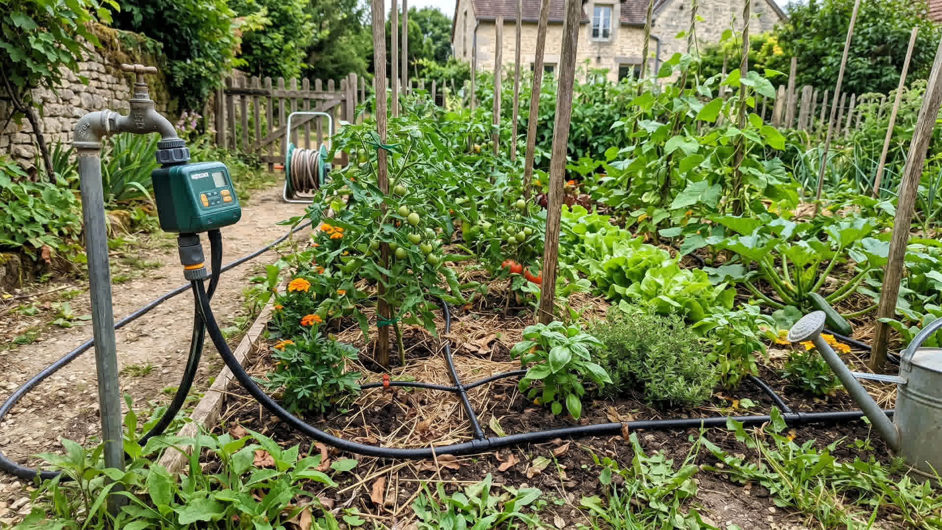 Système d'arrosage automatique installé dans un potager français avec programmateur sur robinet et tuyaux goutte-à-goutte