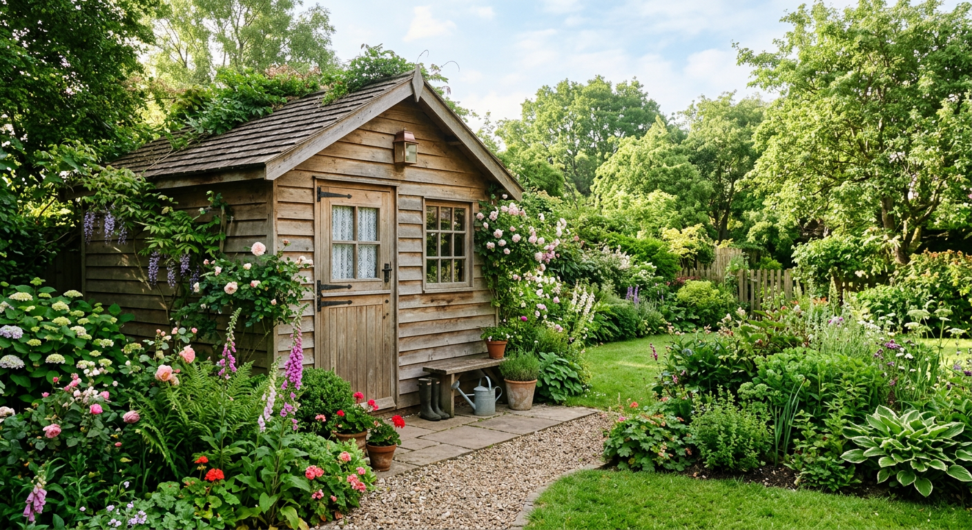 Abri de jardin en bois finition naturelle dans jardin verdoyant