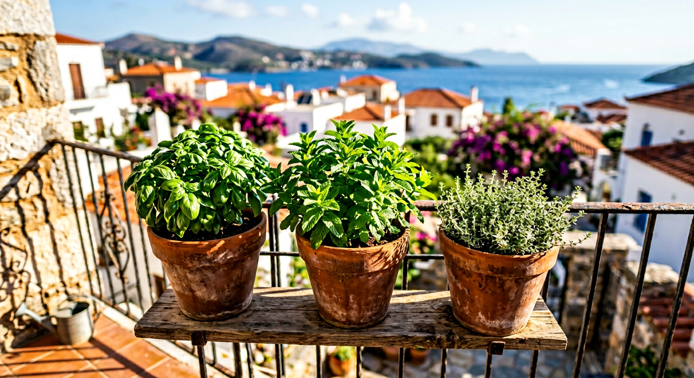 Aromatiques en pot sur balcon : basilic, menthe, thym