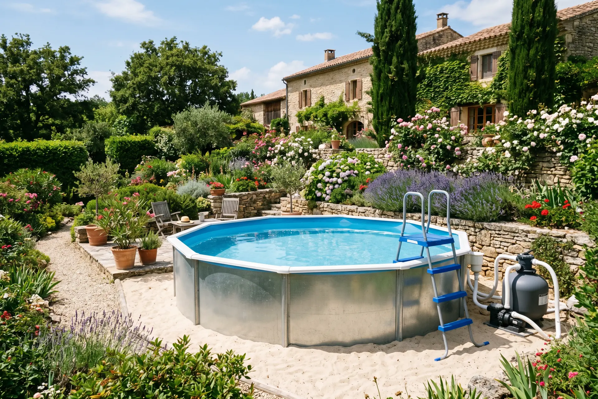 Piscine hors-sol ronde en acier avec système de filtration à sable et échelle de sécurité, jardin français en été