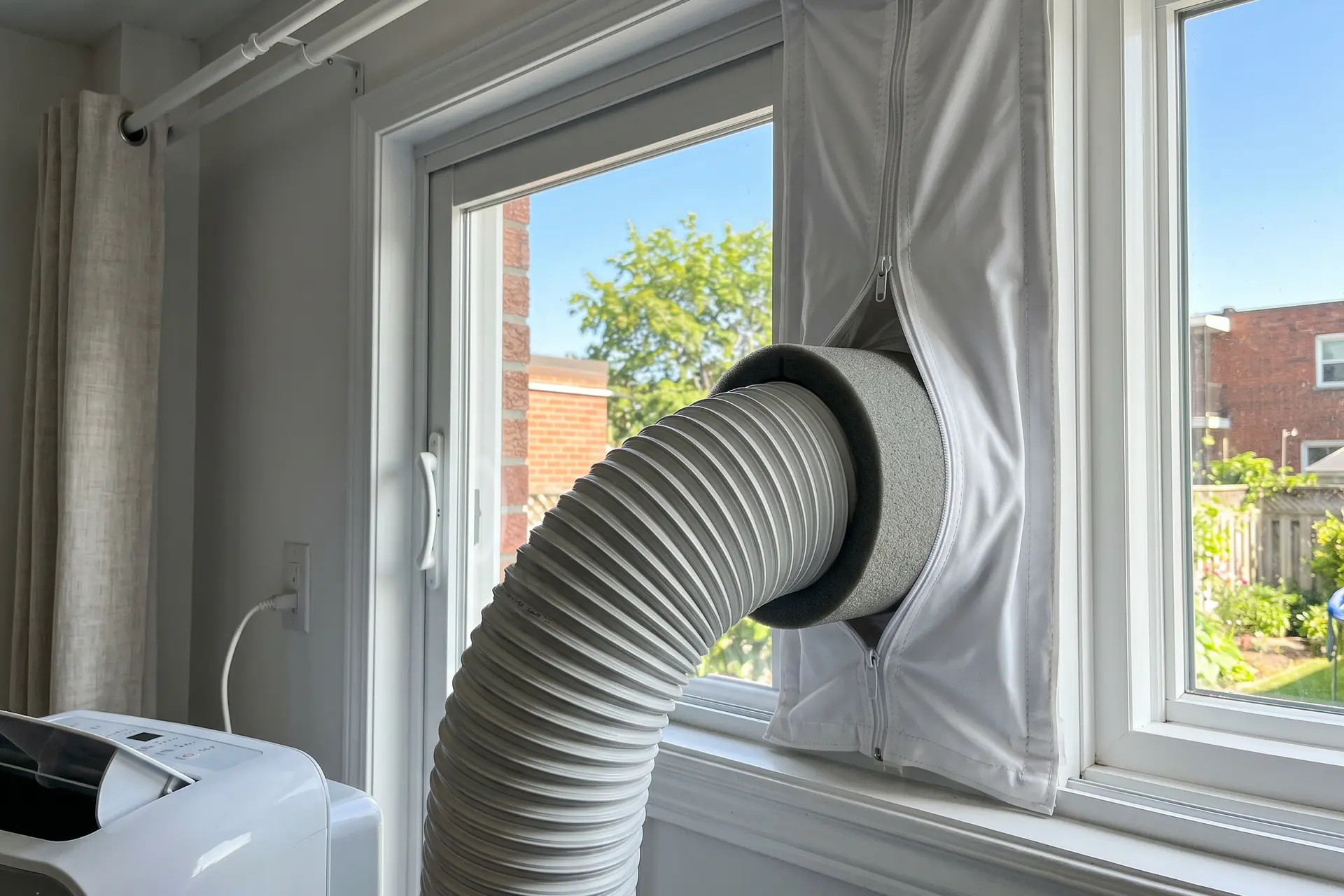 Gros plan sur un kit de calfeutrage installé sur une fenêtre coulissante pour climatiseur mobile
