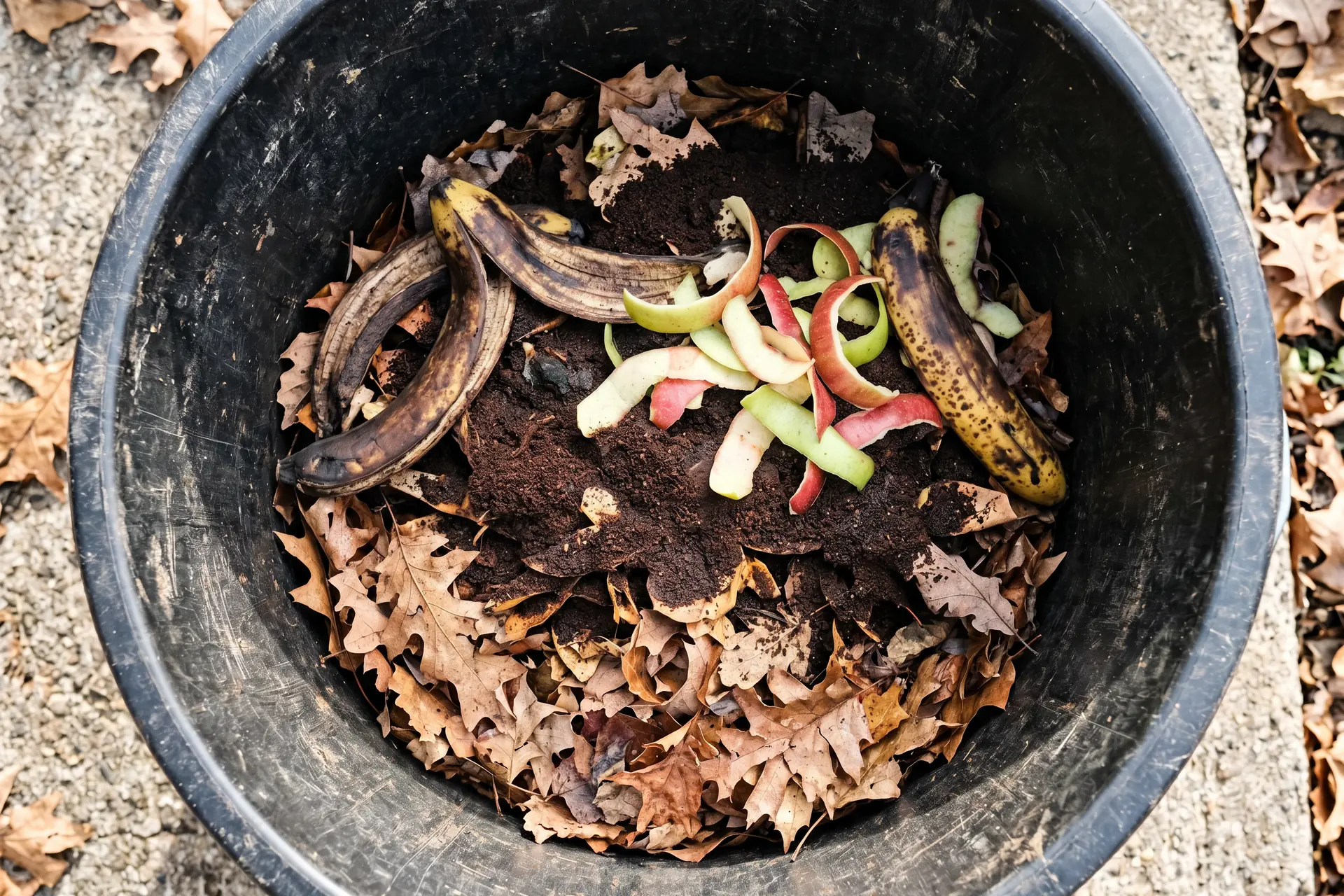 Gros plan sur l'intérieur d'un seau rempli de feuilles mortes, marc de café et épluchures de fruits pour piège à moustique tigre
