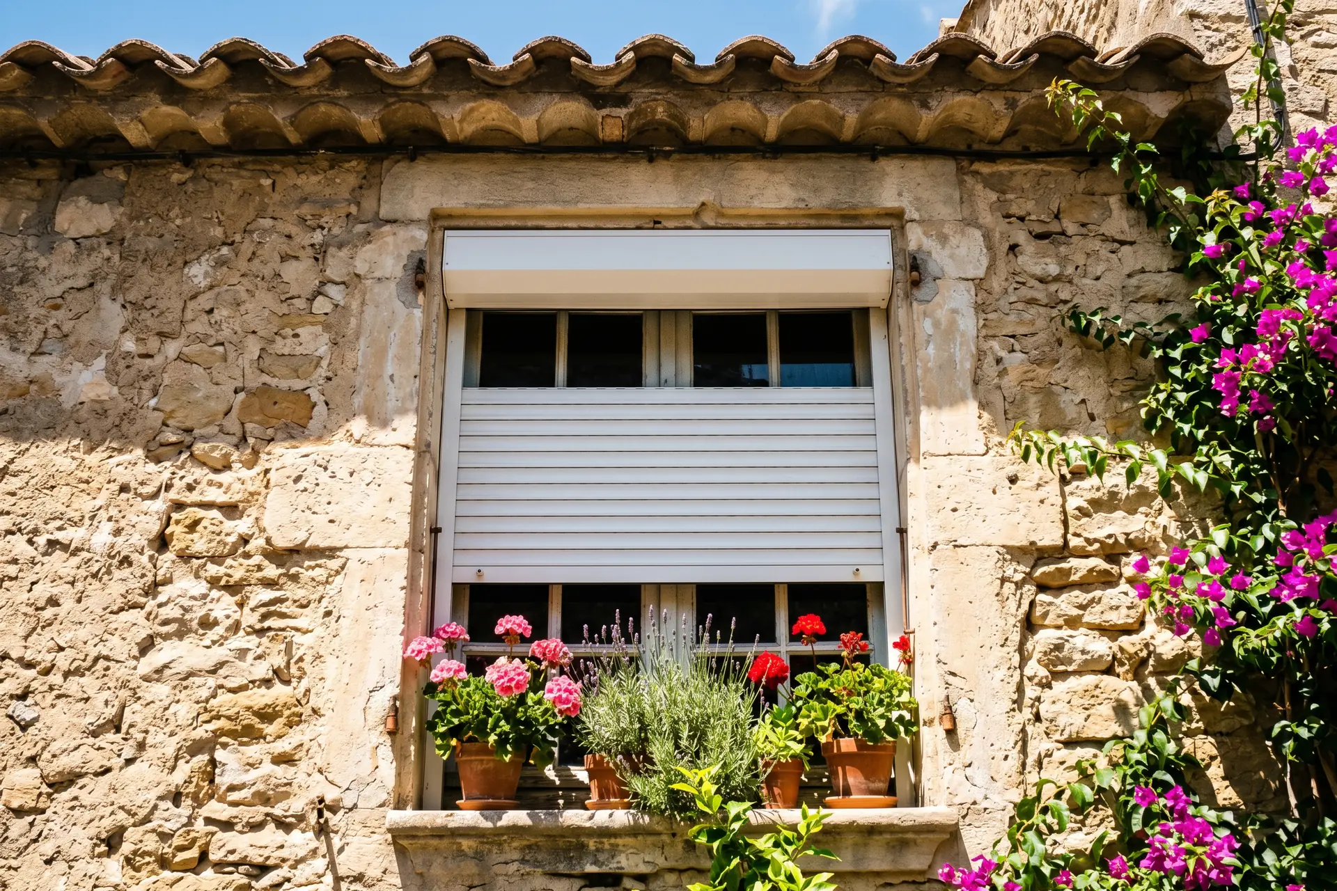 Gros plan sur un volet roulant extérieur fermé protégeant une façade de maison de la chaleur