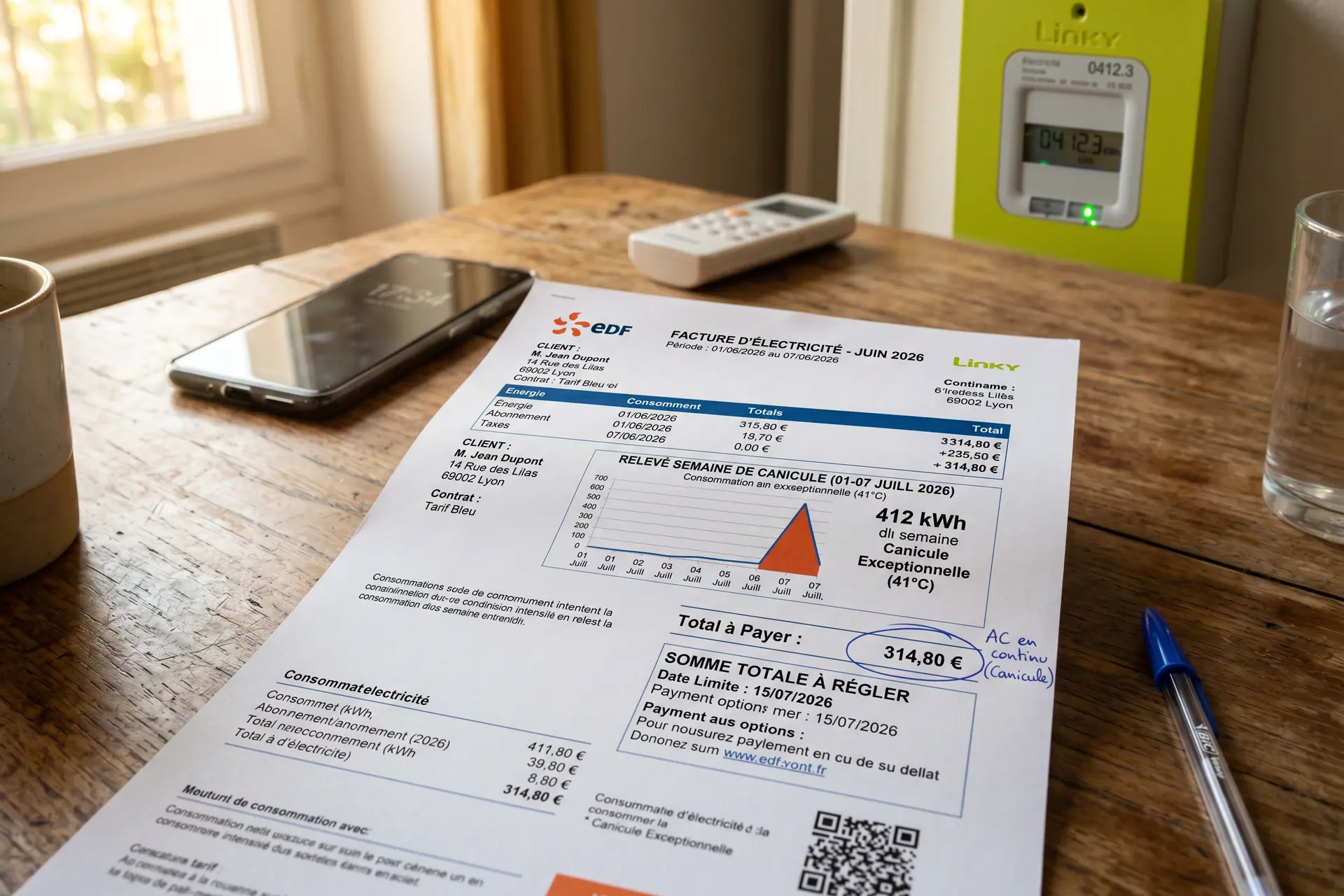 Facture d'électricité d'un ménage français pendant une semaine de canicule, montrant la surconsommation due à la climatisation
