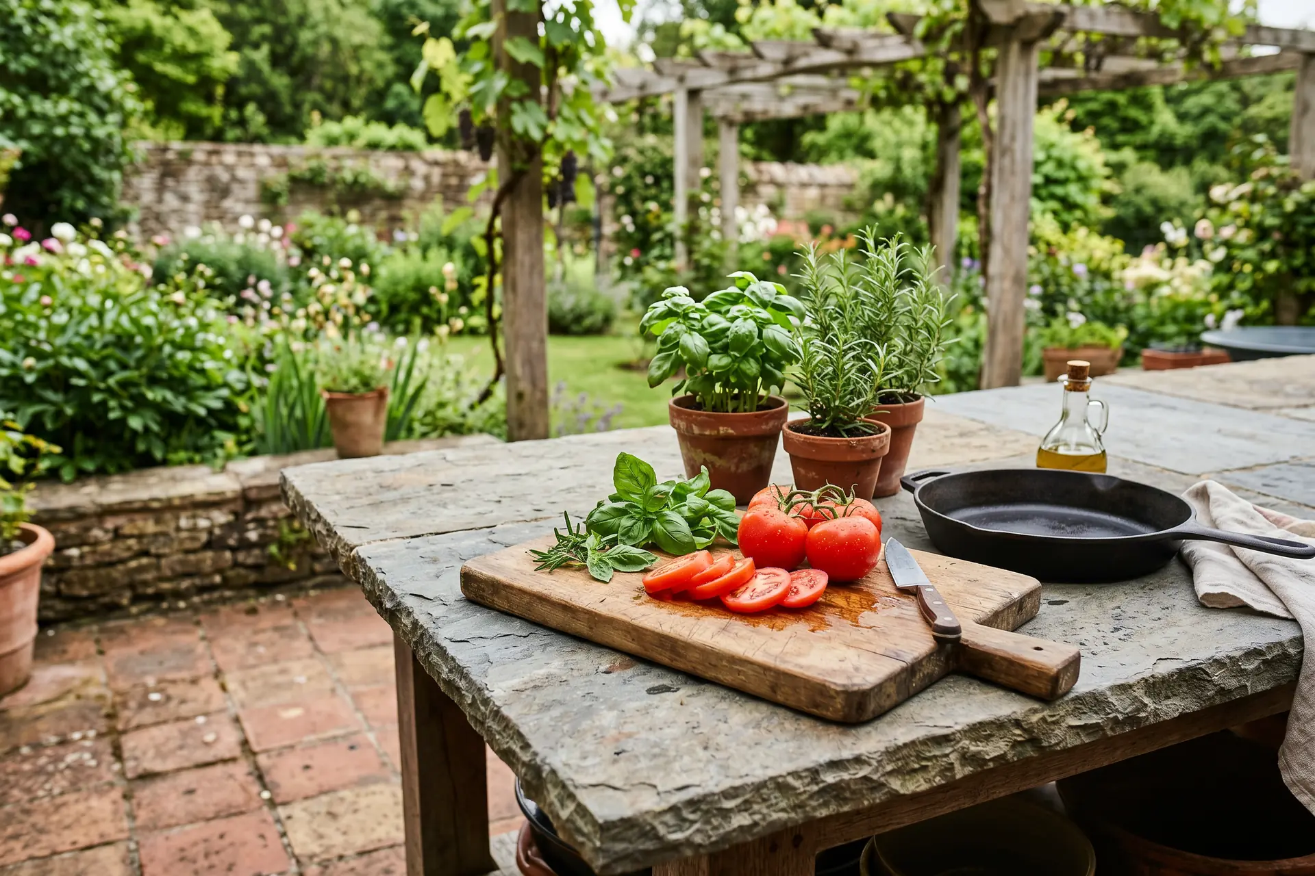 Plan de travail cuisine extérieure en pierre avec herbes fraîches et plancha inox