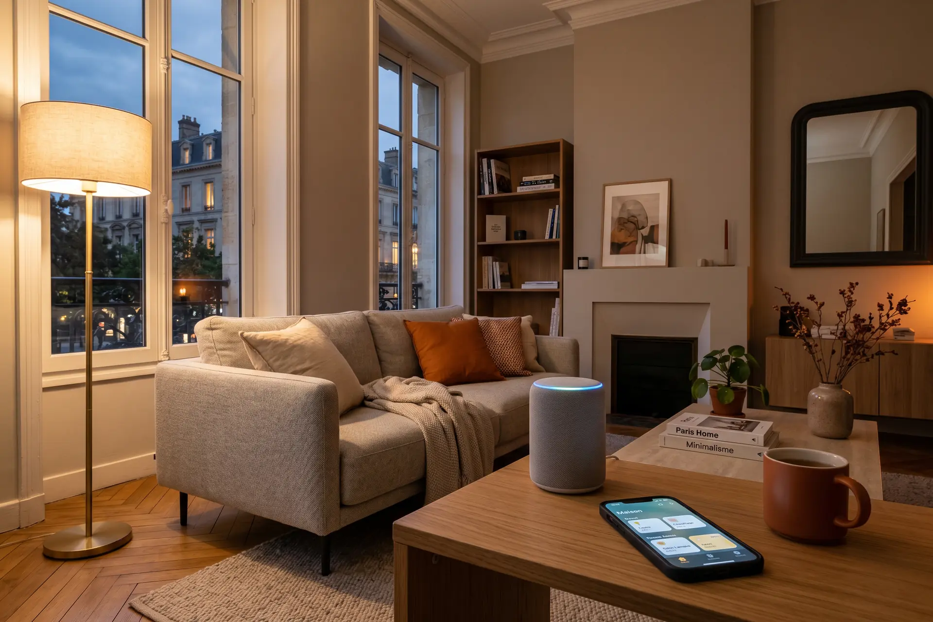 Salon moderne avec enceinte connectée et éclairage intelligent tamisé en 2026