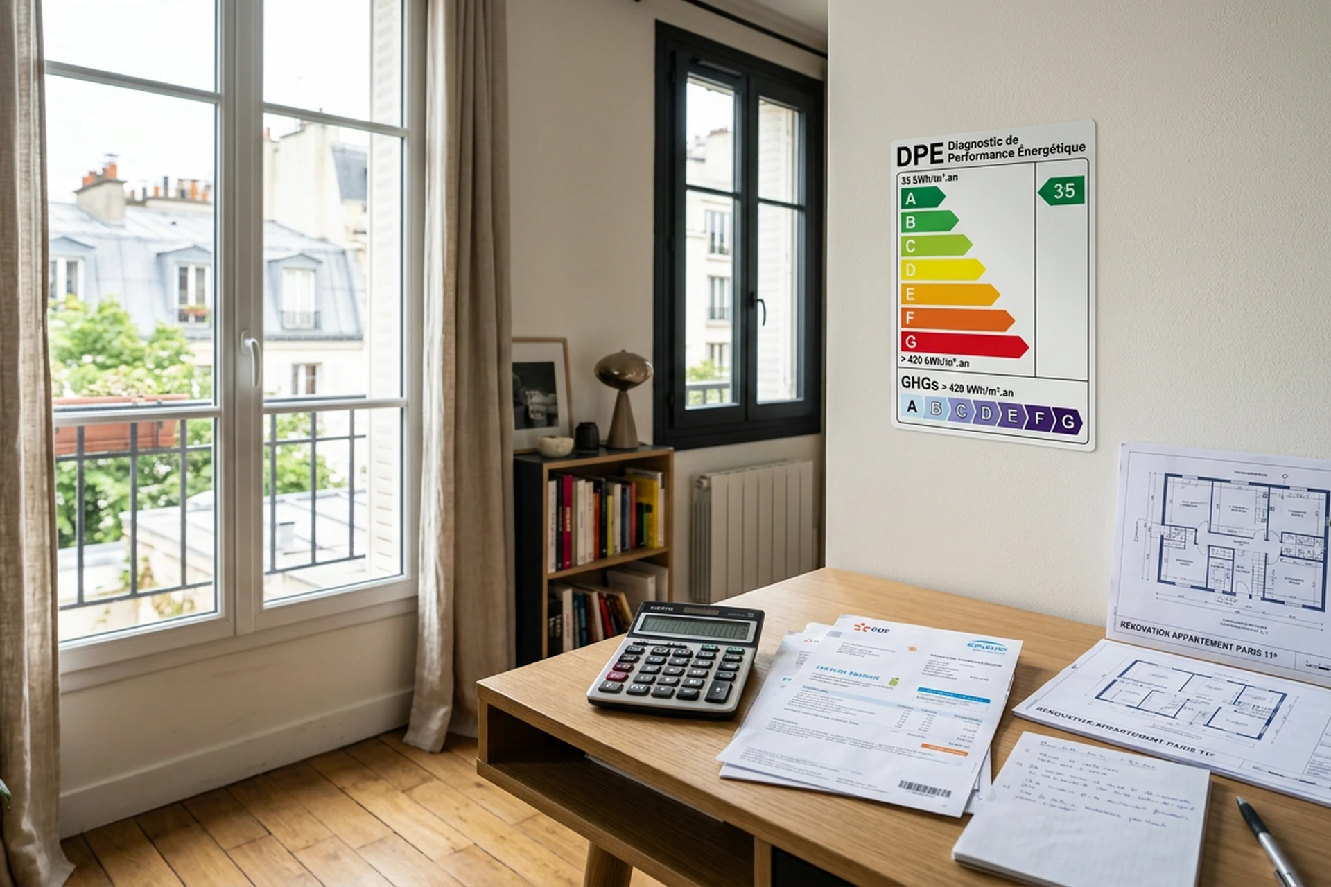 Étiquette DPE 2026 avec classes énergie A à G affichée dans un intérieur résidentiel français moderne, accompagnée d'une calculatrice et de plans de renovation.