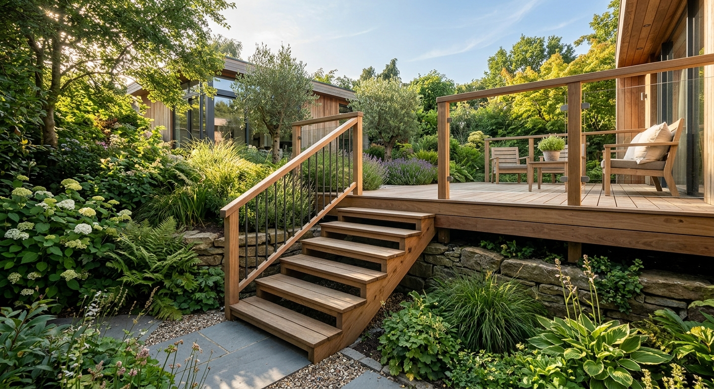 Escalier bois moderne menant a une terrasse en bois