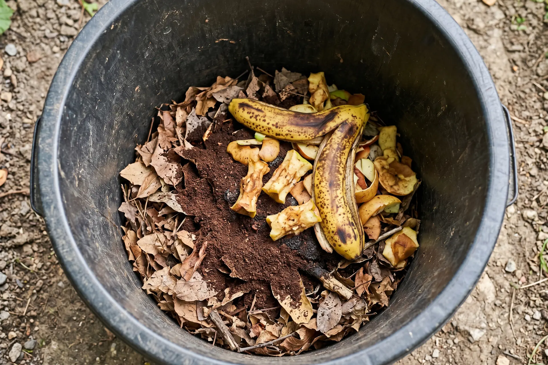 Vieux seau en plastique sombre installé dans un coin ombragé de jardin pour piéger les moustiques tigres en été