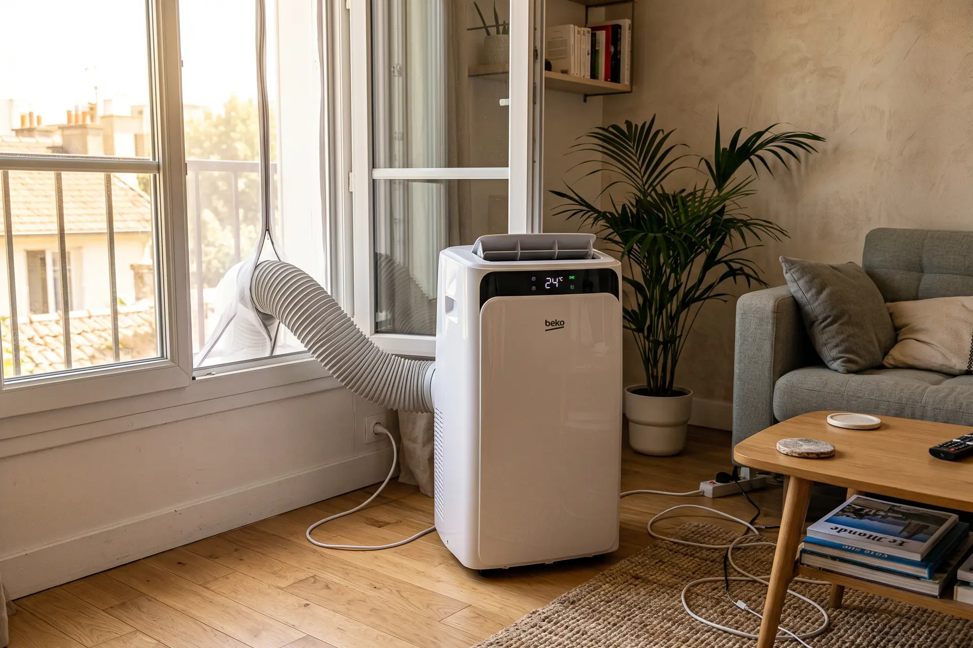 Climatiseur mobile blanc en situation dans un salon français en été, tuyau d'évacuation raccordé à la fenêtre