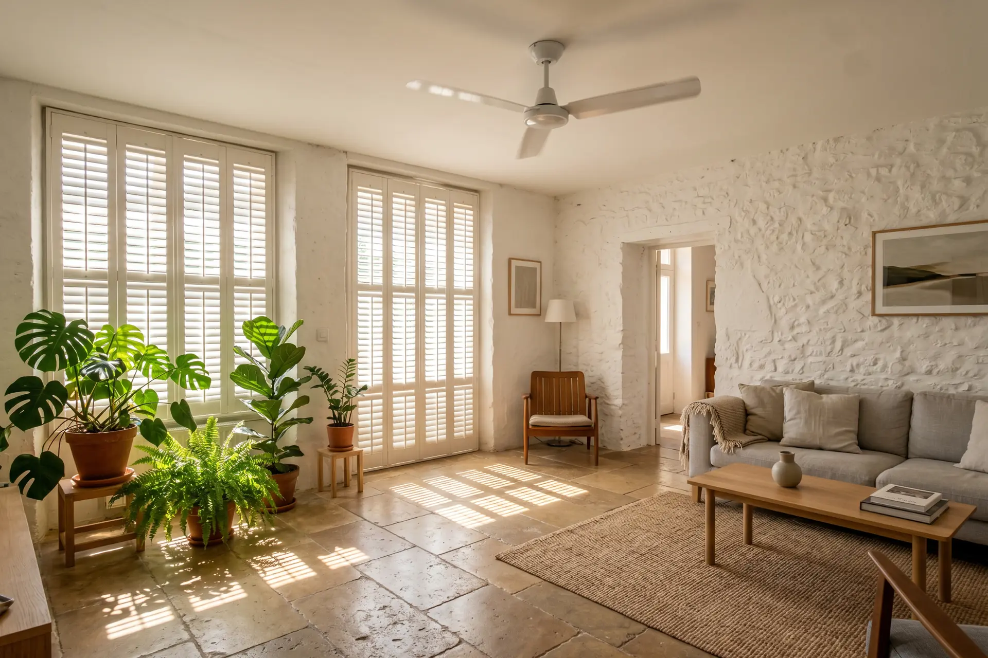 Salon lumineux avec volets fermés pour se protéger de la canicule, ventilateur de plafond en mouvement