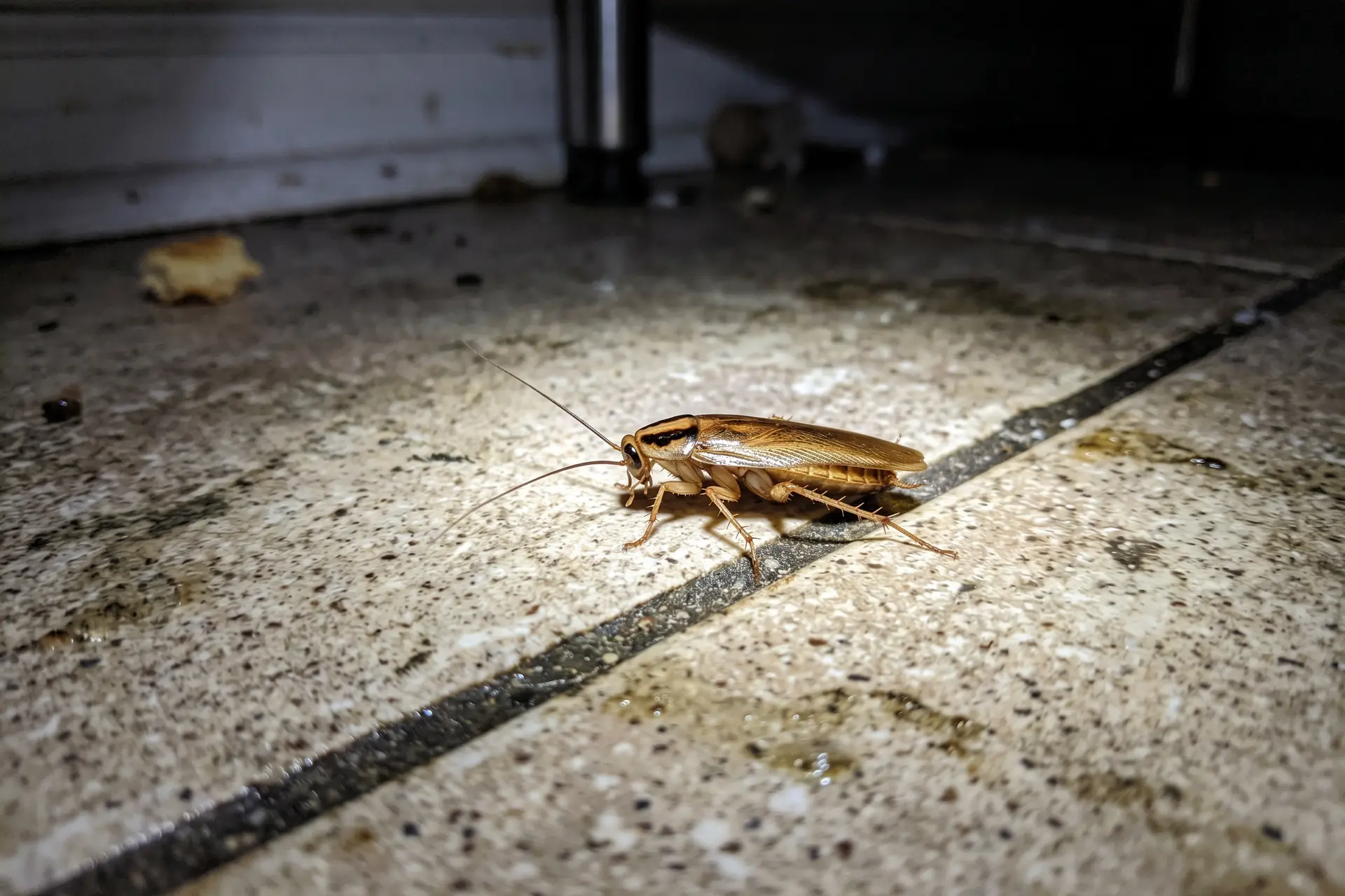 Gros plan sur un cafard germanique (blatte) qui sort de derrière une plinthe de cuisine dans la pénombre, infestation domestique