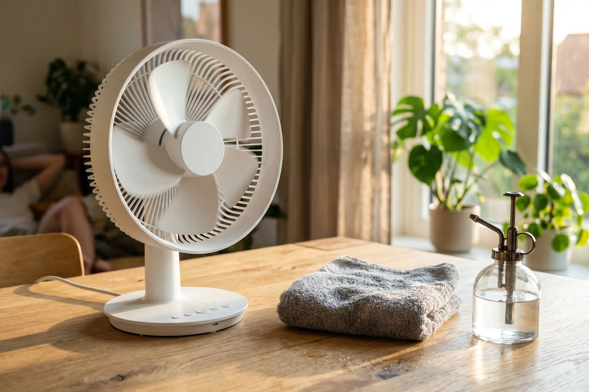 Ventilateur de bureau blanc, serviette éponge humide et brumisateur sur table en bois clair