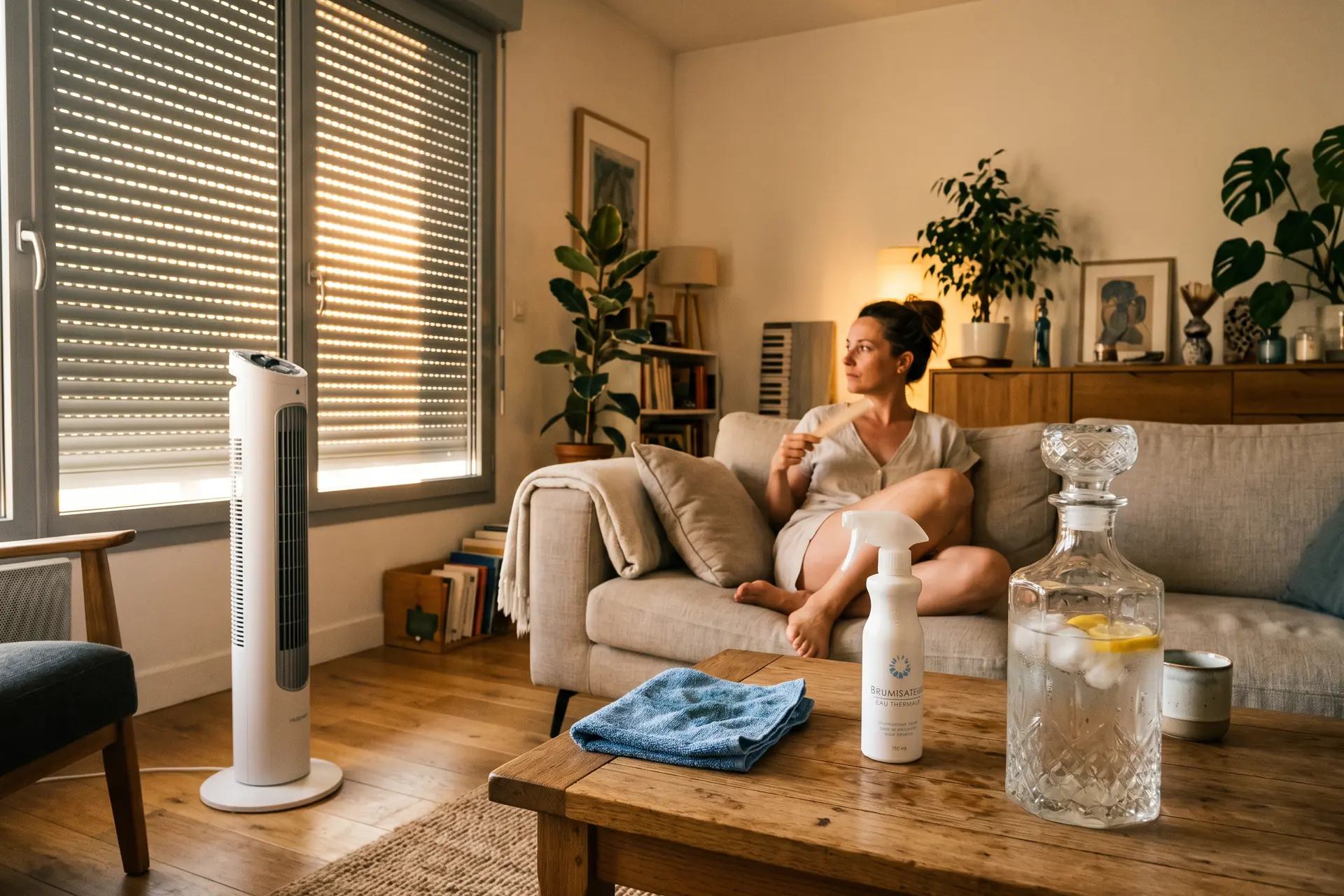 Salon français contemporain volets roulants fermés ventilateur brumisateur carafe eau fraîche