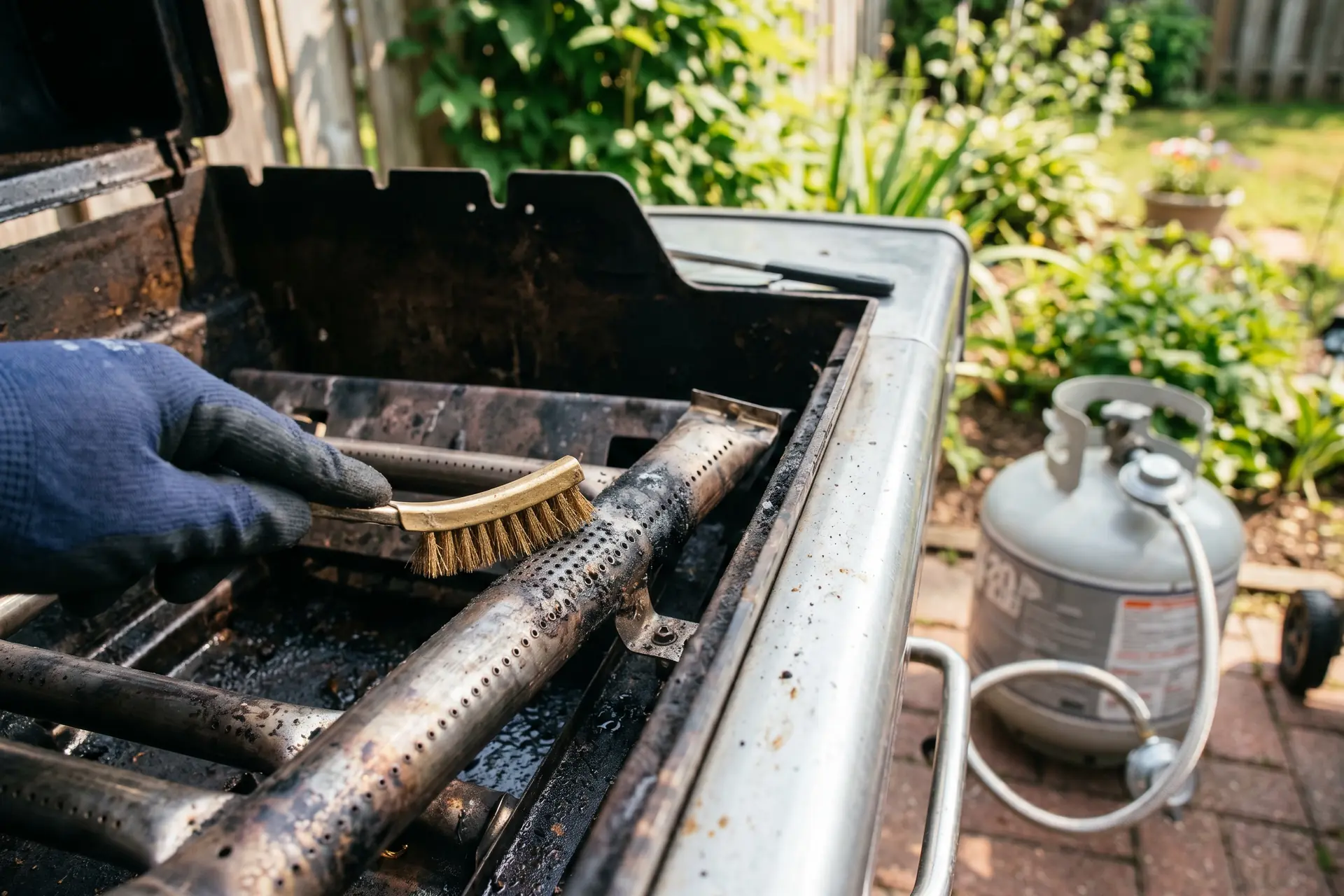 Gros plan sur le nettoyage des brûleurs d'un barbecue à gaz : brosse en laiton qui débouche les orifices, flexible et bouteille de gaz en arrière-plan