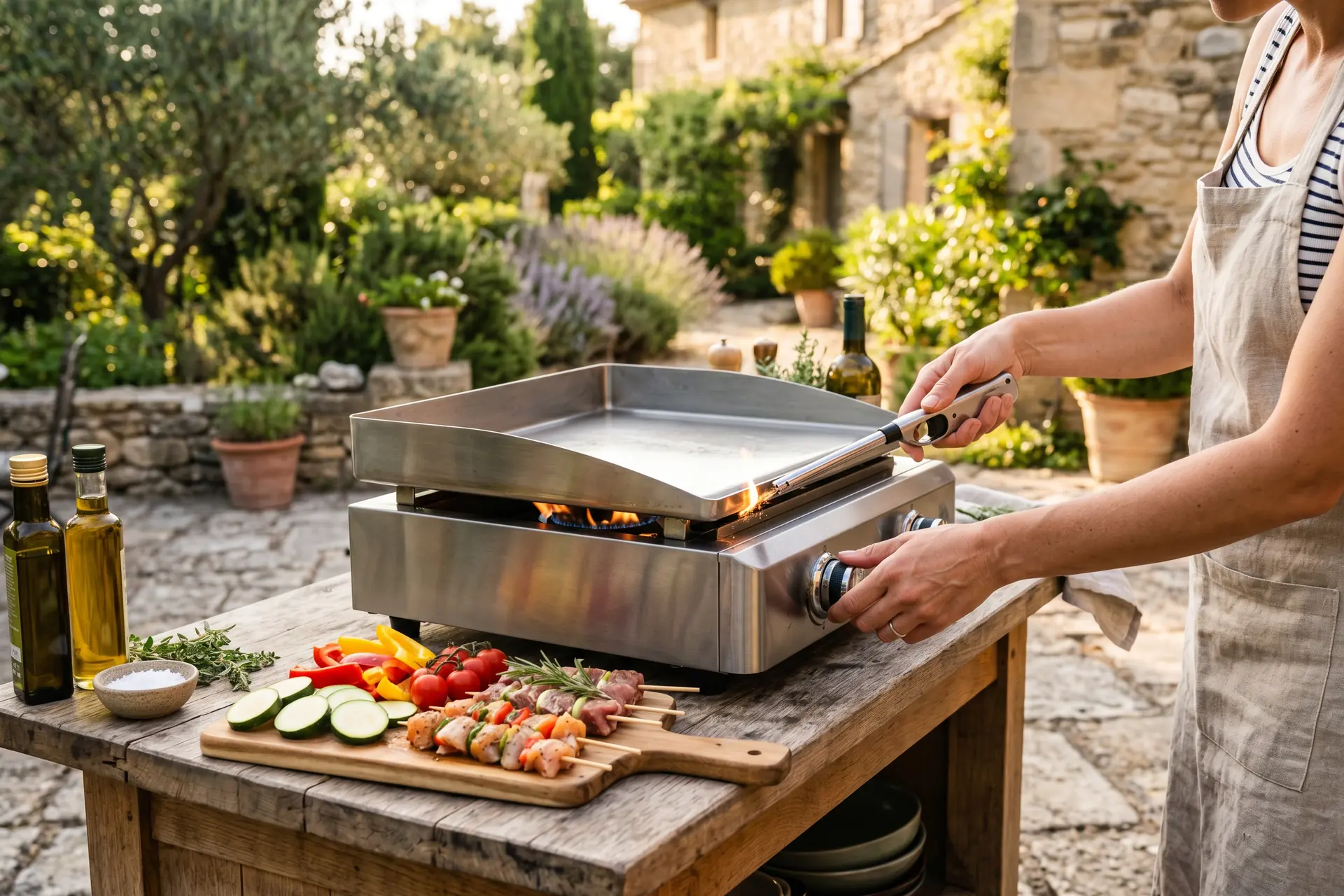 Scène d'été : allumage d'une plancha à gaz sur une terrasse ombragée, légumes frais à griller, lumière dorée de fin d'après-midi