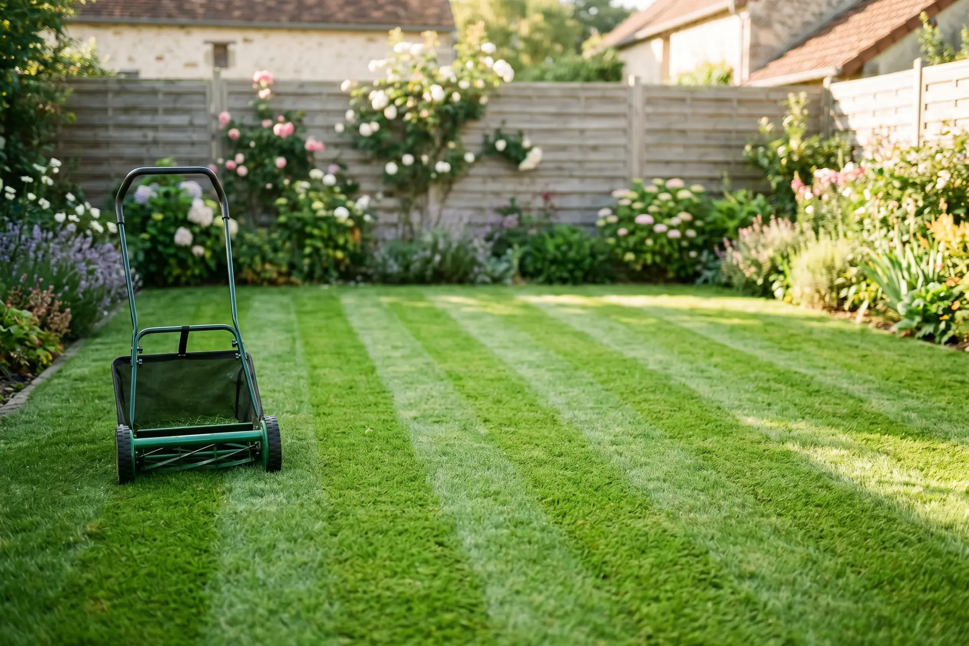 Pelouse verte tondue avec bandes nettes dans un jardin de banlieue français en été, tondeuse au premier plan, lumière matinale chaude