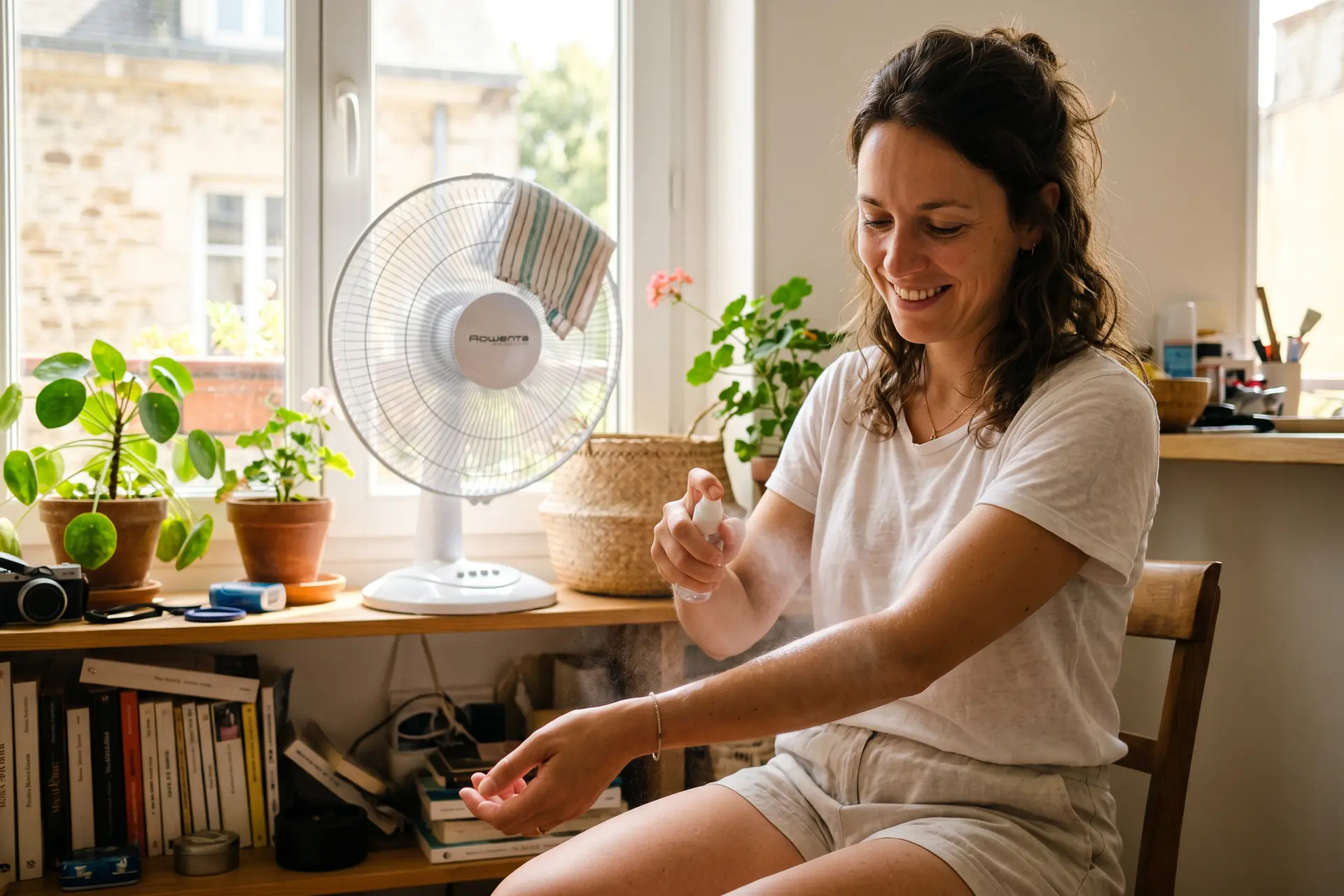 Femme appliquant un brumisateur sur son avant-bras devant un ventilateur en été