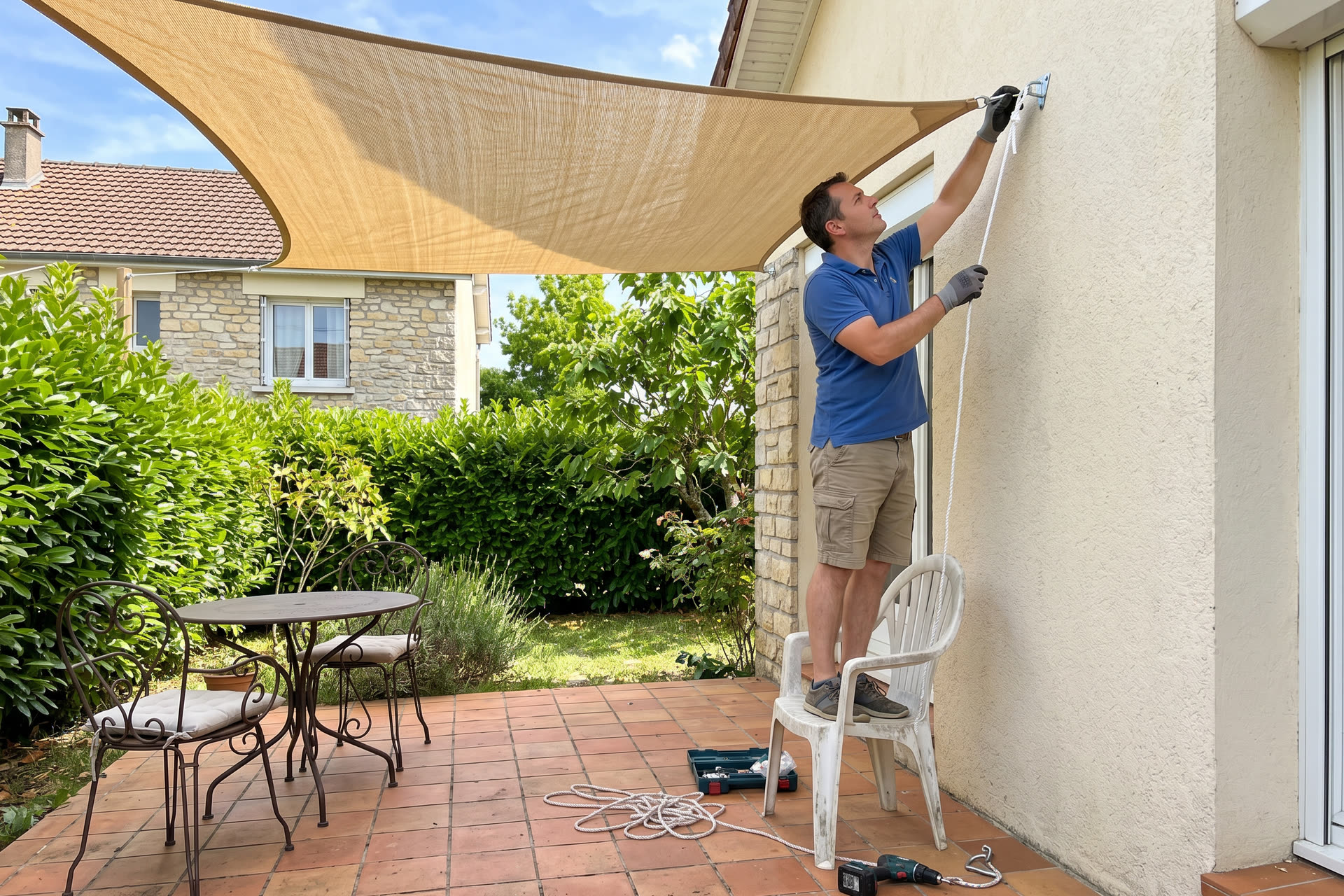 Installation d'un voile d'ombrage triangulaire sur une terrasse de maison francaise