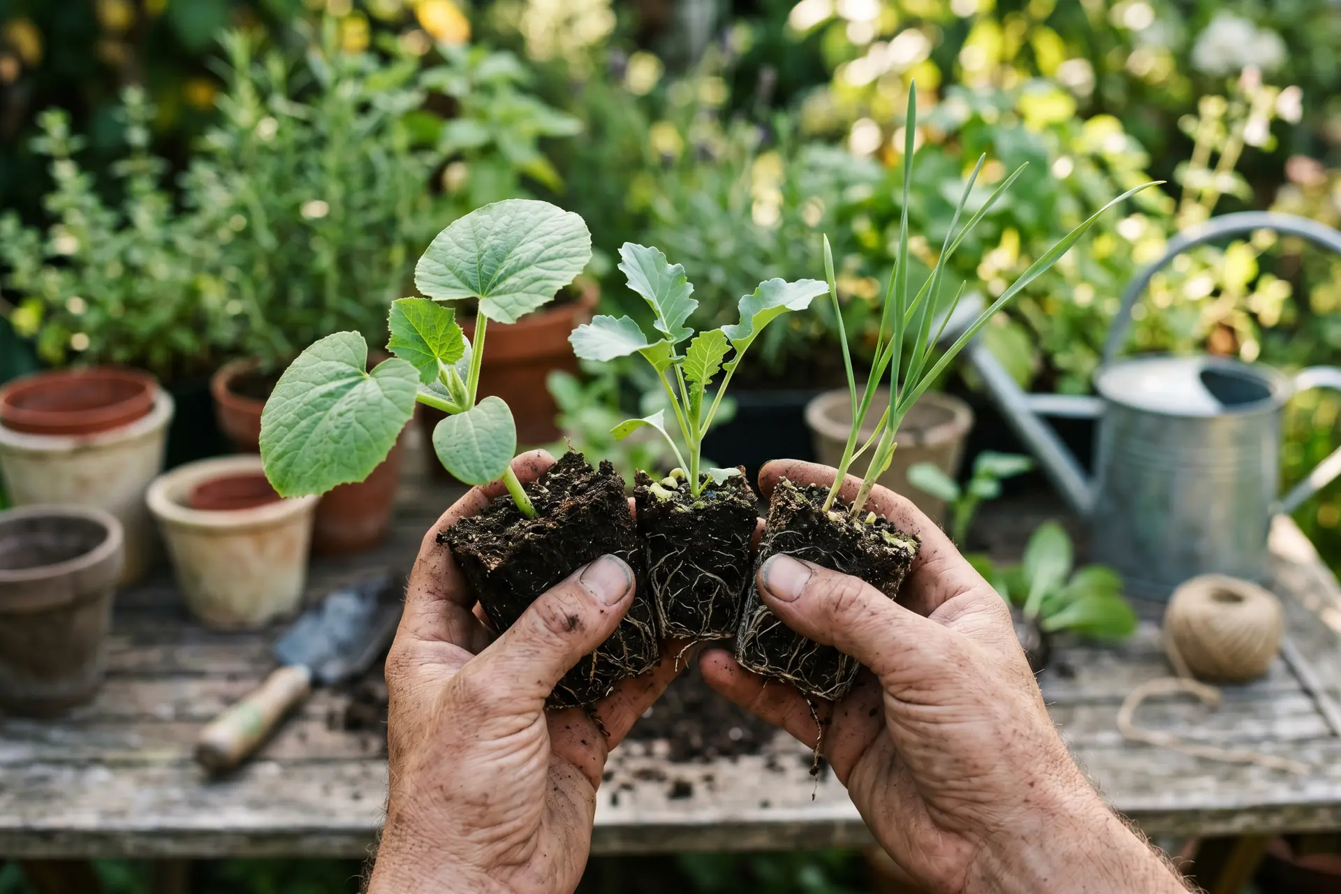 Semis de légumes en juin pour une récolte d’automne : jeunes plants de tomates, carottes et salades