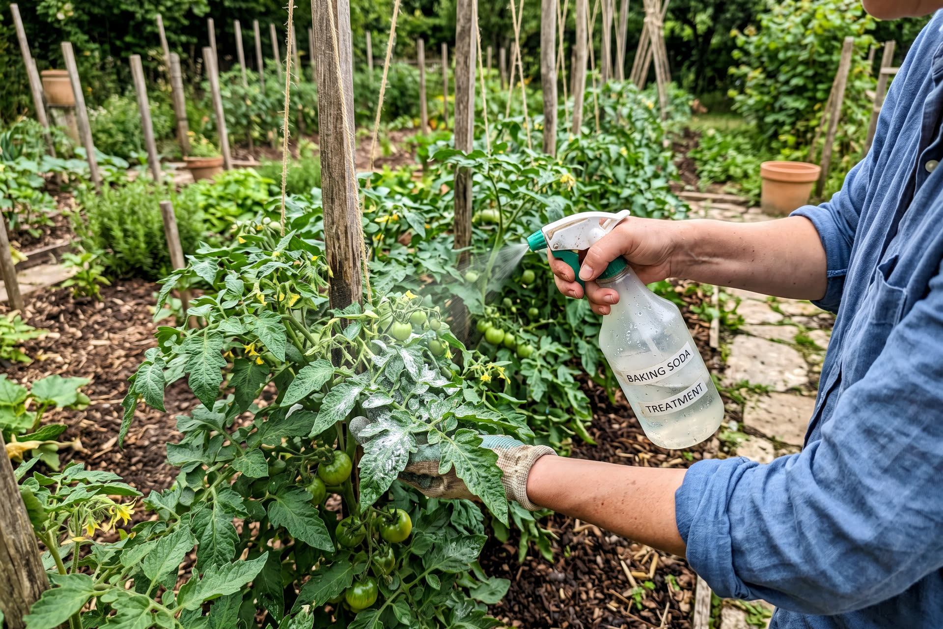 Traitement naturel au bicarbonate de soude sur des plants de tomate atteints de mildiou