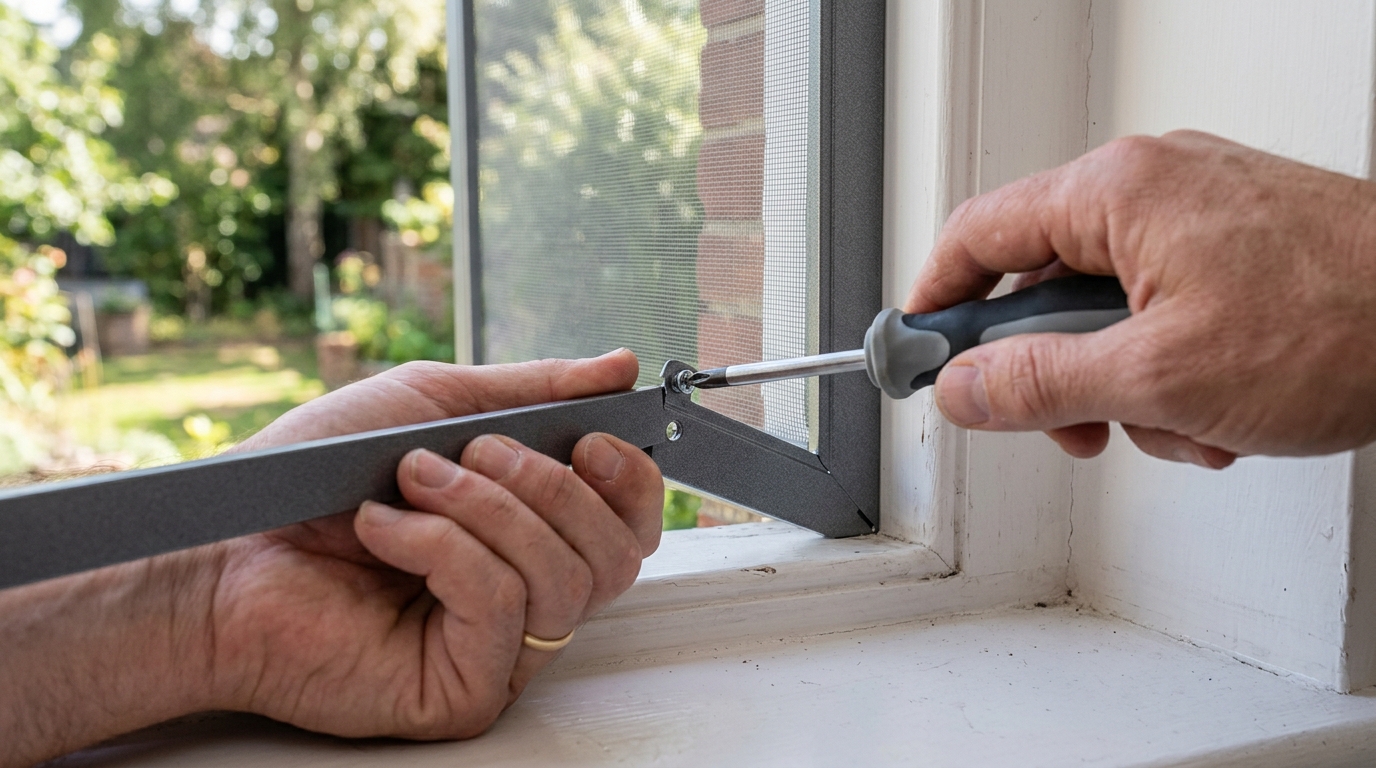 Détail de la fixation d'un cadre de moustiquaire sur une fenêtre