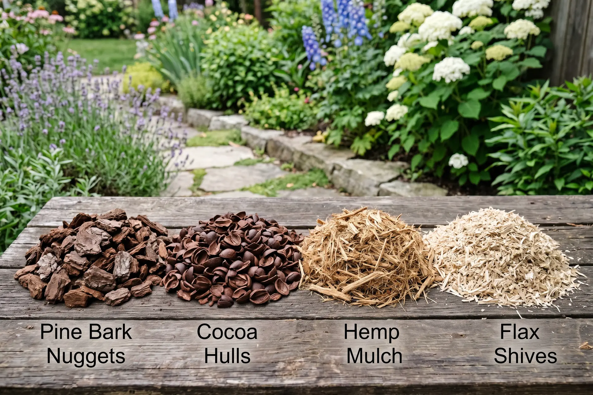 Différents types de paillage pour massif de fleurs : écorces, coques de cacao, chanvre et lin