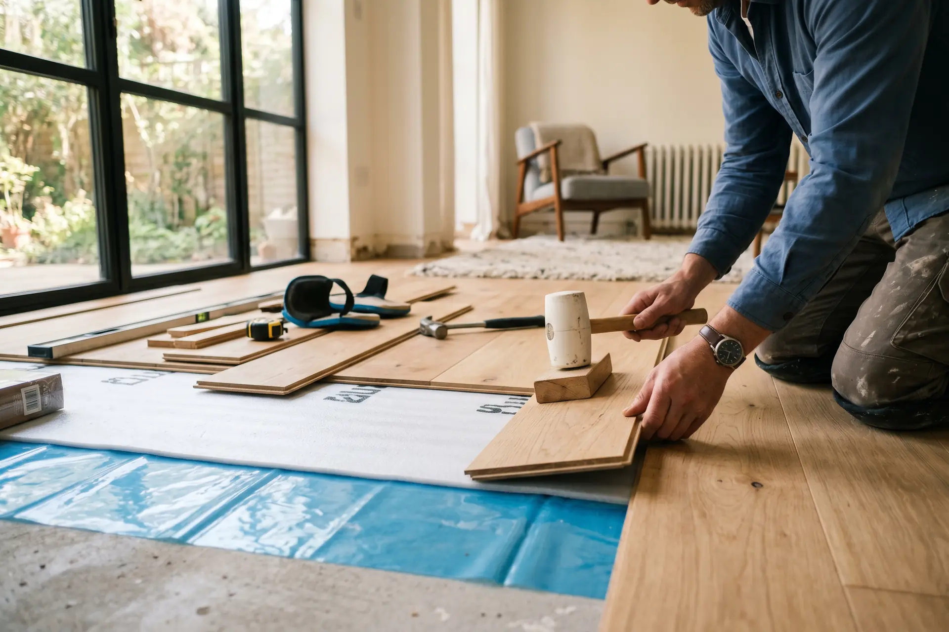 Pose de parquet flottant en cours d'installation : lames, sous-couche et pare-vapeur dans un salon moderne baigné de lumière naturelle