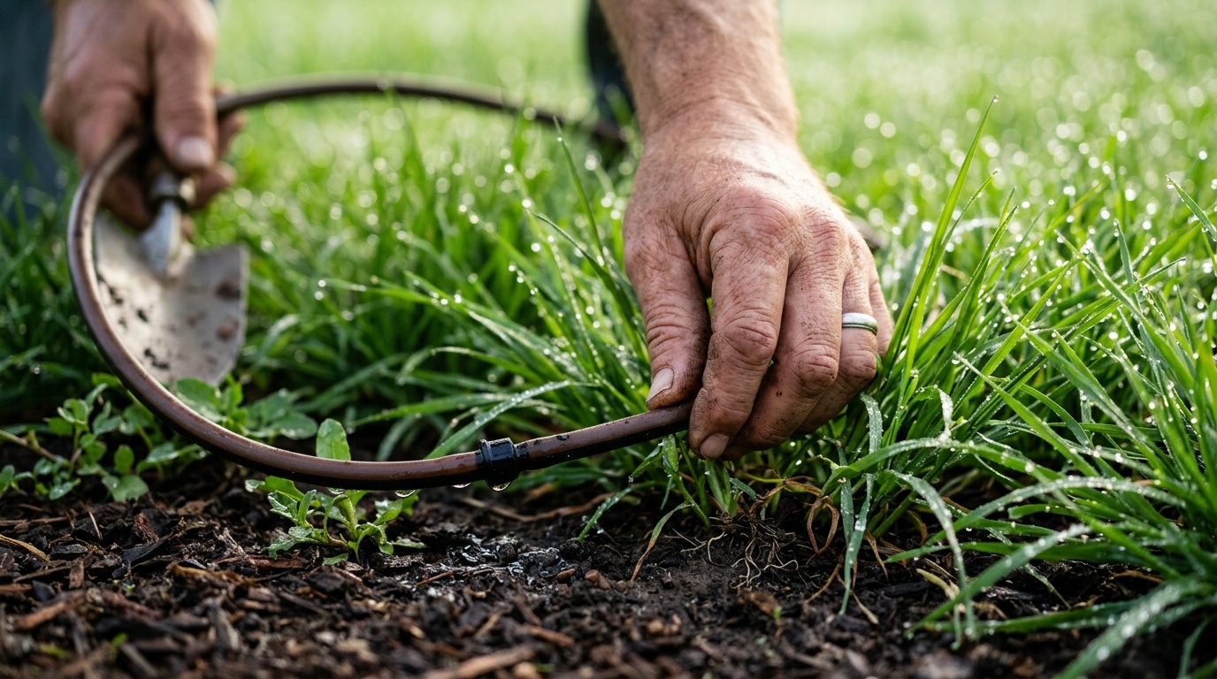 Système d'arrosage goutte à goutte installé au pied d'une pelouse saine