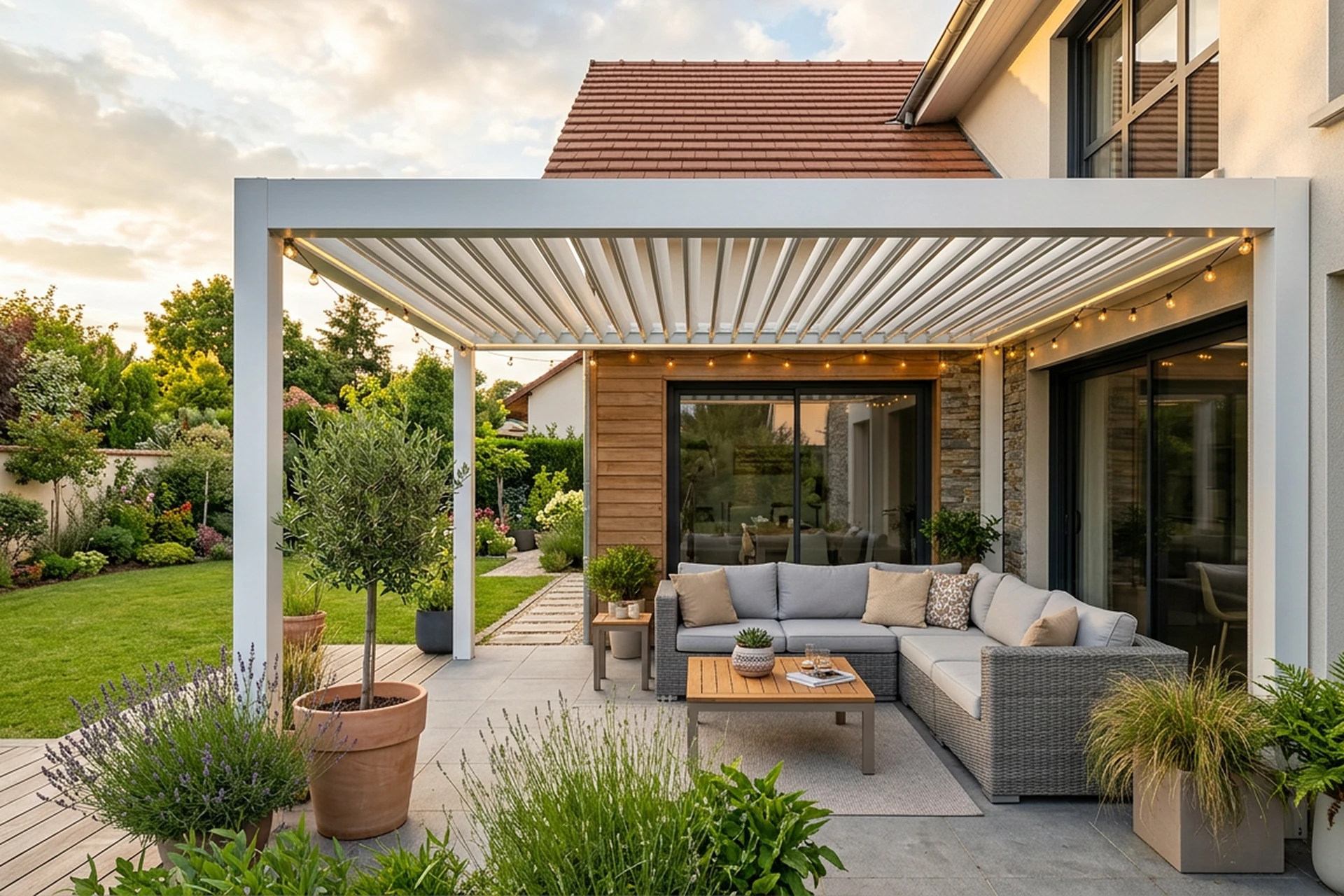Moderne terrasse francaise avec pergola bioclimatique en aluminium blanc a lames orientables, mobilier de jardin contemporain, eclairage LED et jardin vert en arriere-plan, lumiere doree.