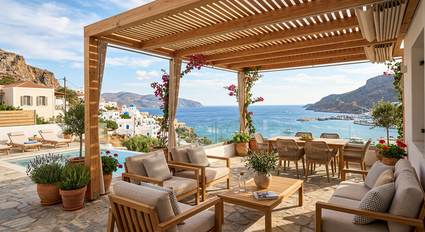Pergola bois sur terrasse avec mobilier exterieur