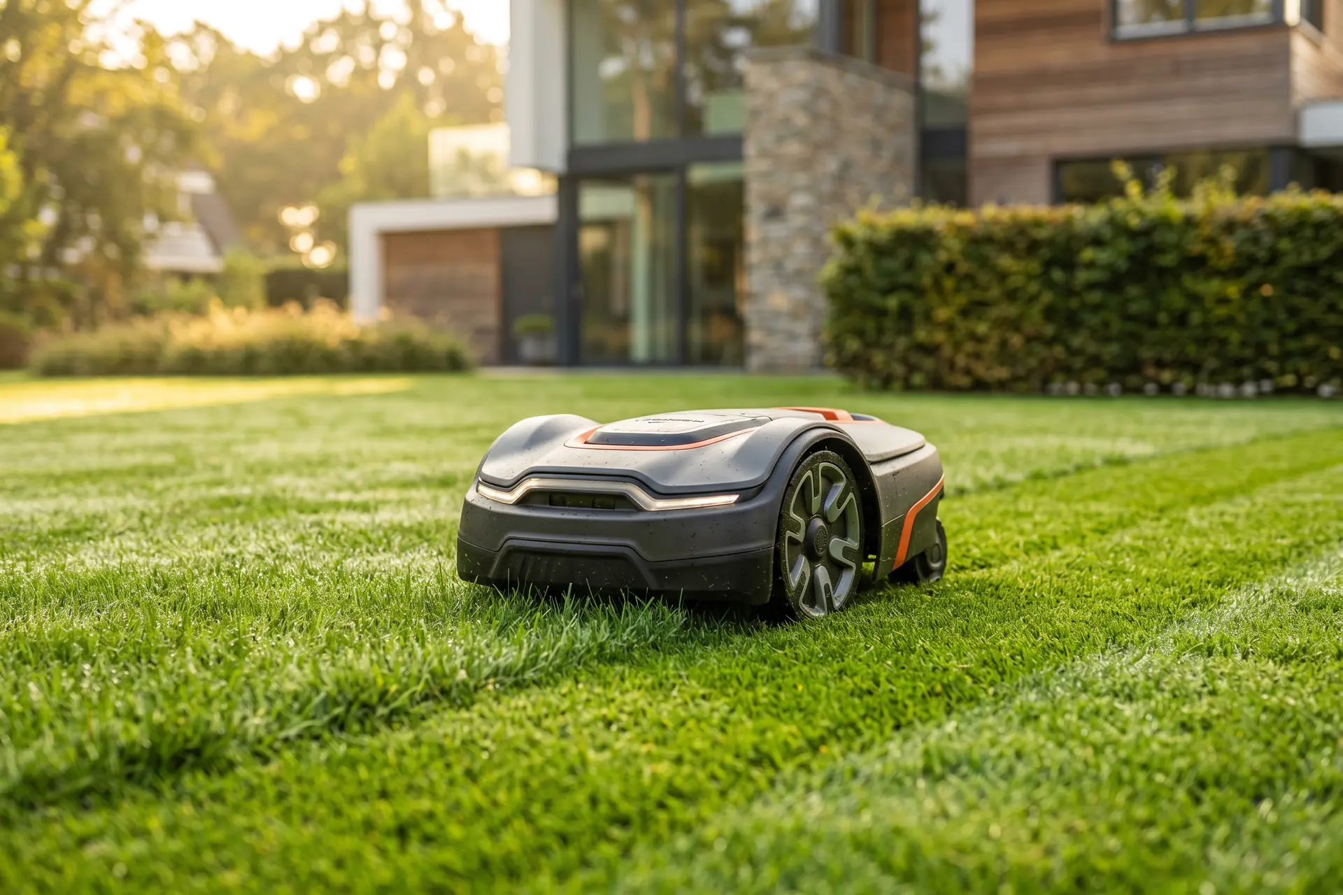 Robot tondeuse en action sur pelouse en 2026