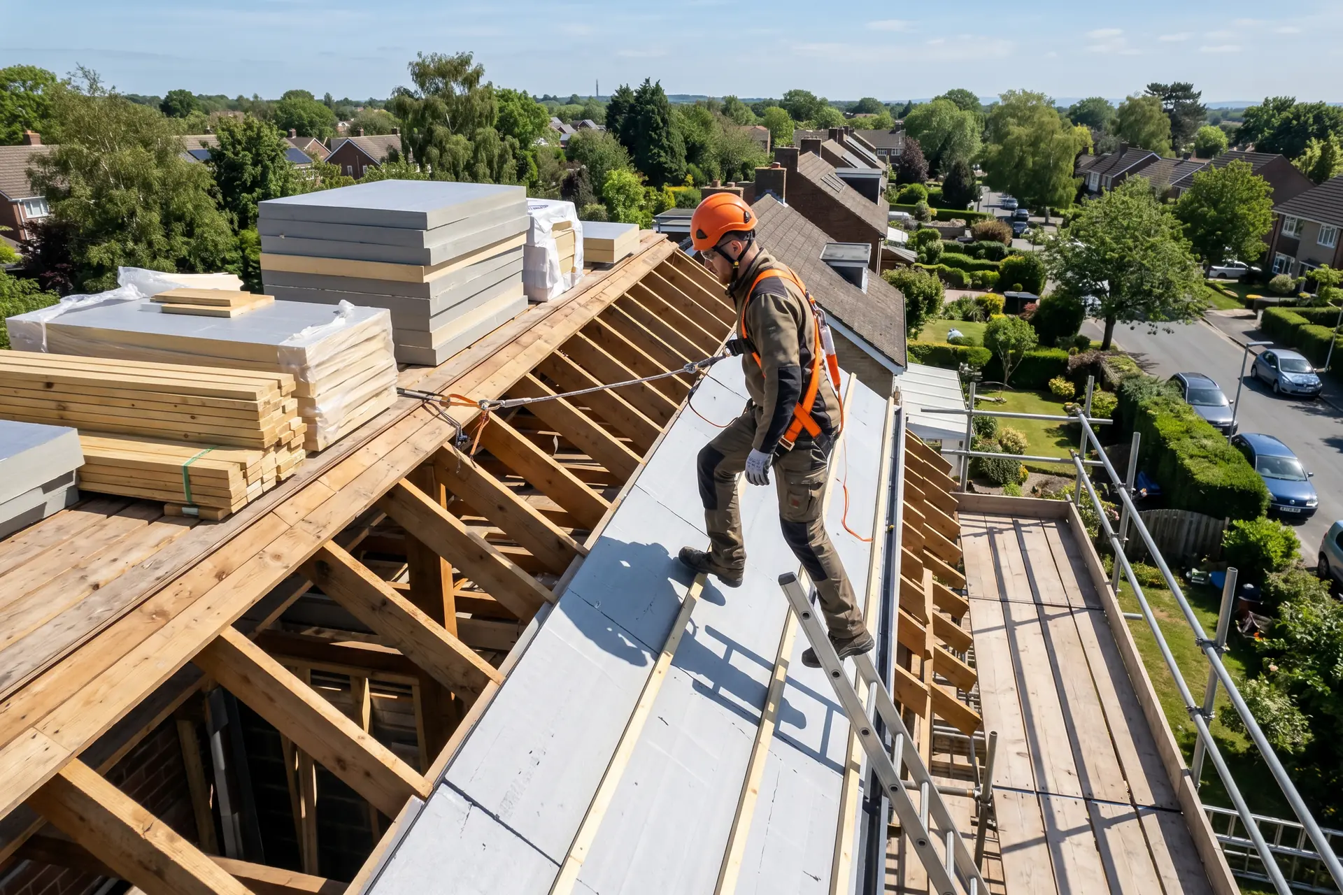 Couvreur professionnel installant des panneaux isolants rigides sur une toiture inclinée pendant des travaux d'isolation par l'extérieur (technique sarking)