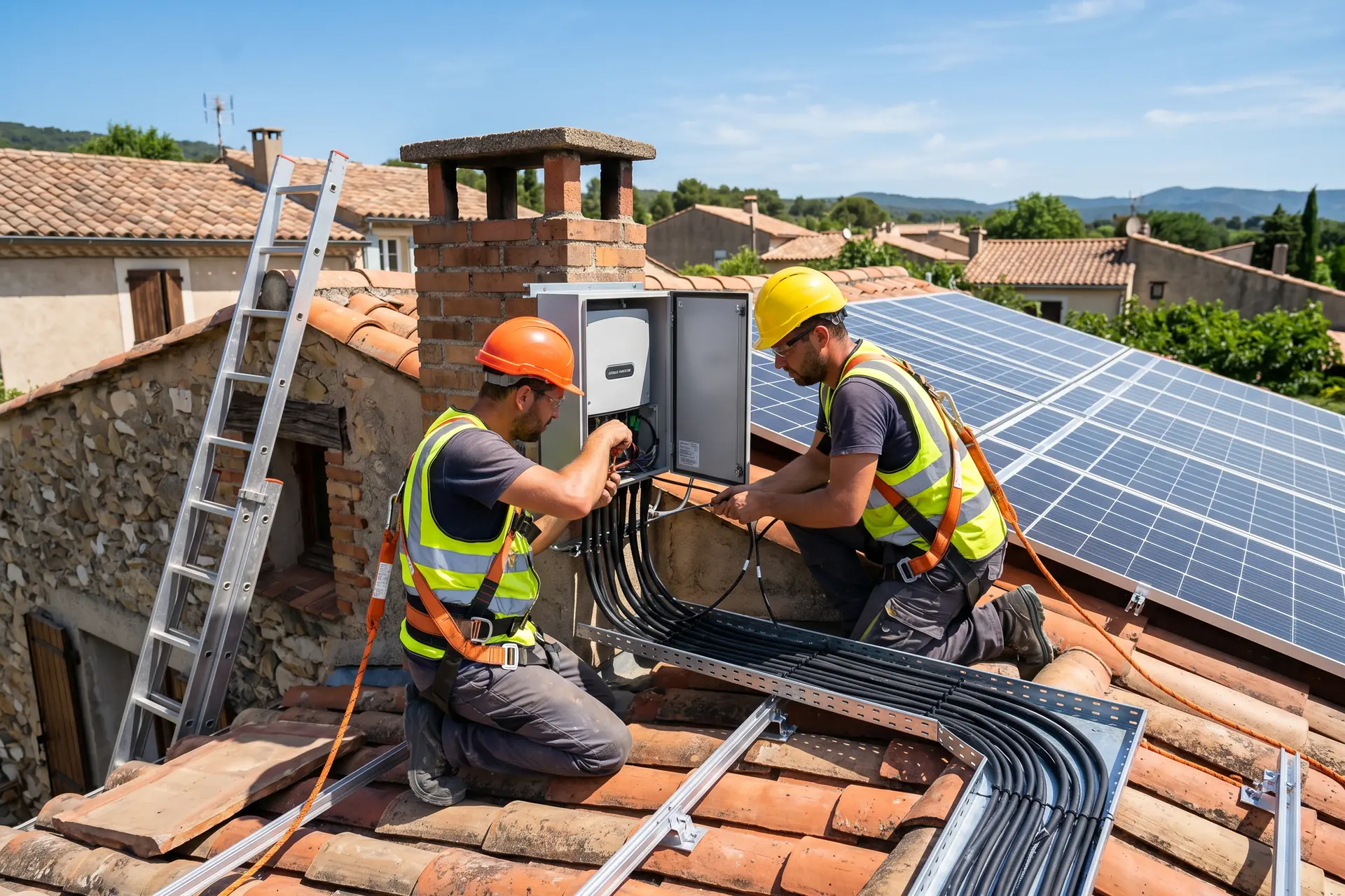 Installateur RGE posant des panneaux solaires photovoltaïques sur un toit