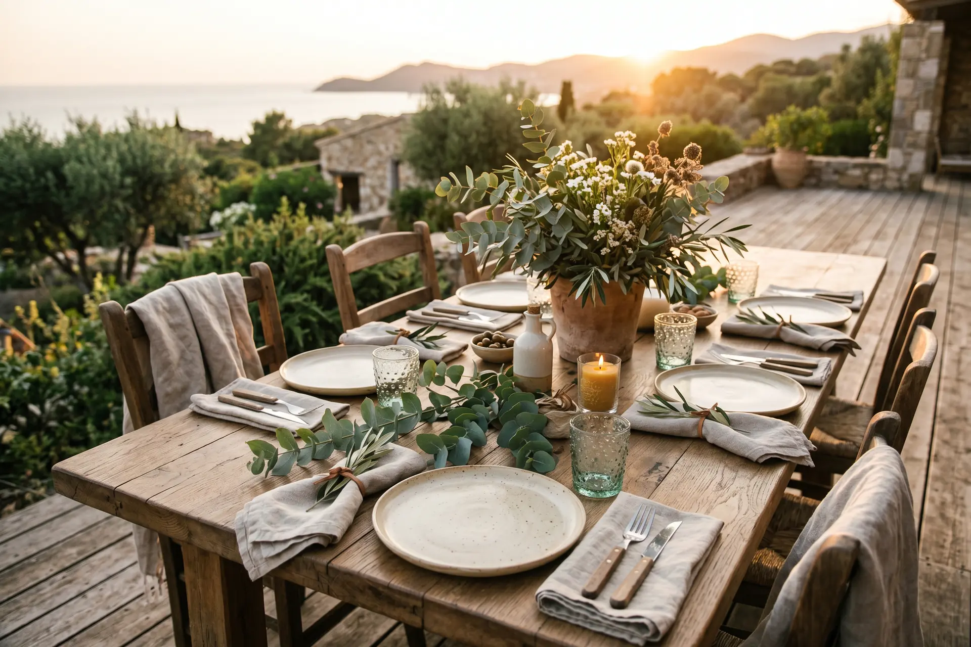 Terrasse méditerranéenne avec mobilier arrondi en teck et coussins