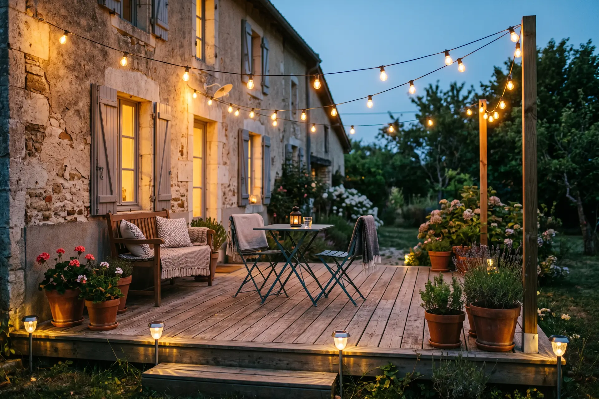 Terrasse residentielle en soiree avec eclairage chaud : guirlandes lumineuses et bornes solaires le long du deck en bois, ambiance chaleureuse sans personne