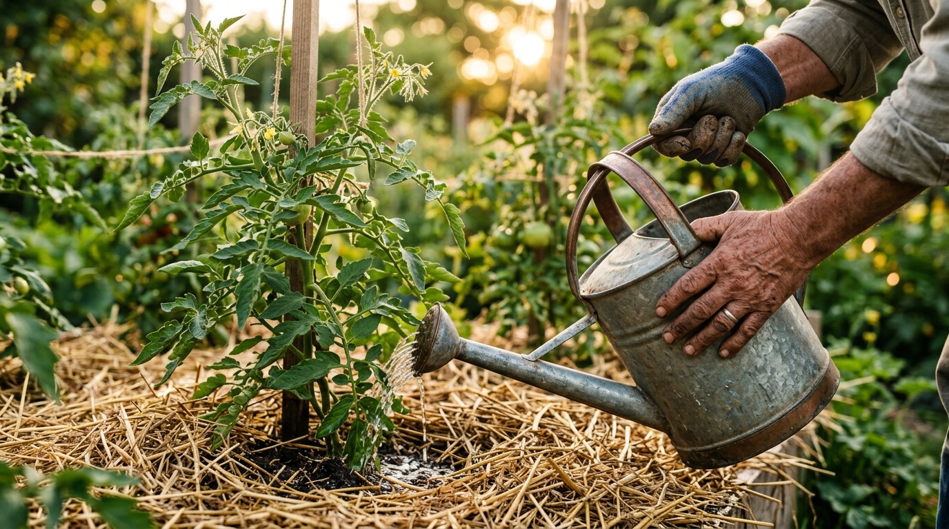 Pieds de tomates et courgettes en plein été nécessitant un arrosage adapté et un paillage protecteur