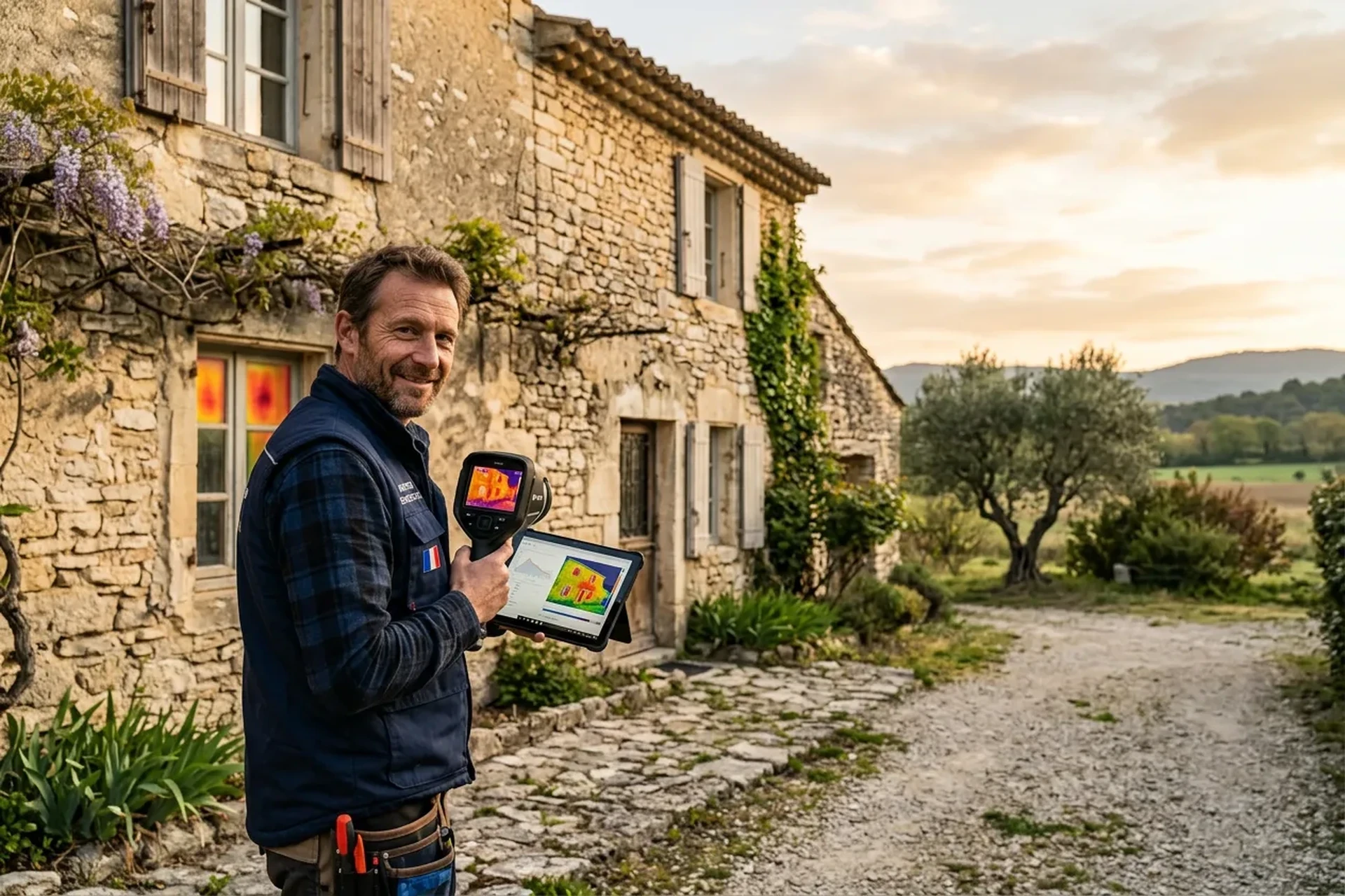 Auditeur énergétique examinant une maison ancienne avec caméra thermique