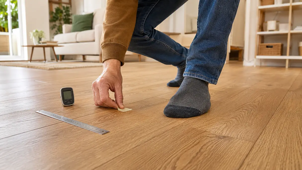 Propriétaire repérant une lame de parquet flottant qui craque sous le pied
