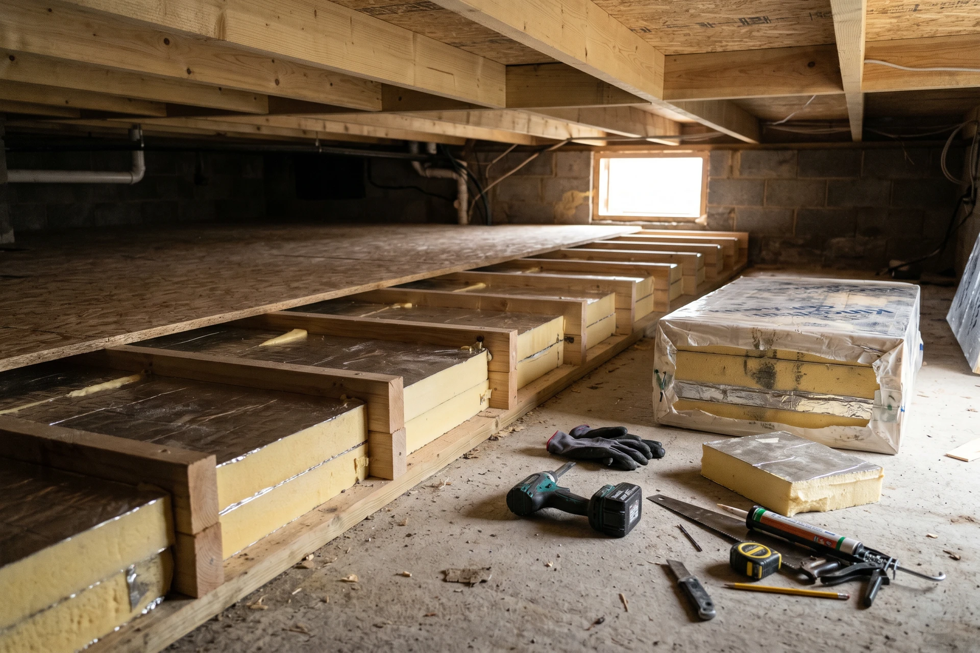 Isolation du plancher bas en sous-face, vide sanitaire