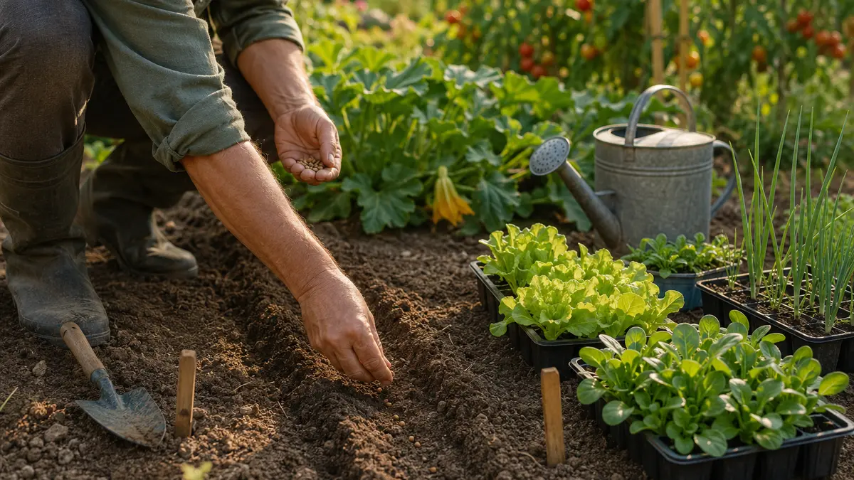 Jardinier semant des légumes d’automne au potager en août