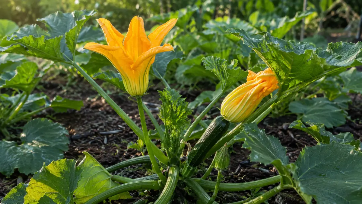 Fleurs mâle et femelle sur un plant de courgette, avec un jeune fruit sous la fleur femelle
