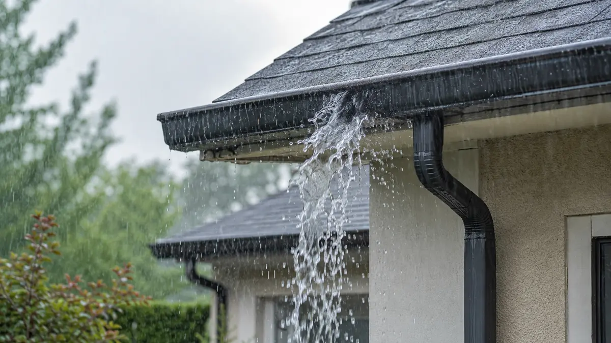 Gouttière de maison débordant à un point précis pendant une forte pluie