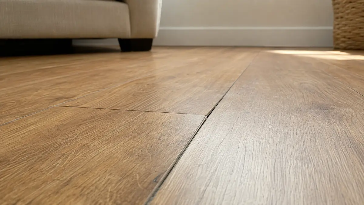 Deux lames de parquet flottant séparées par un joint ouvert visible