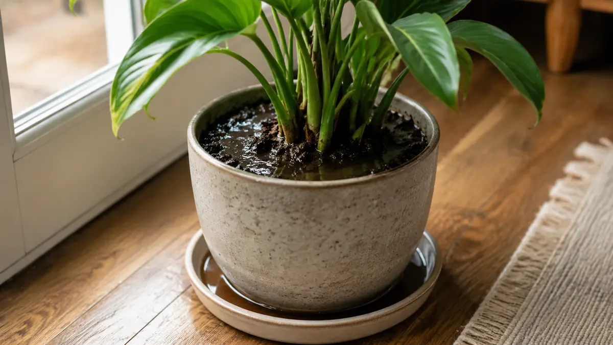 Terreau sombre et détrempé restant humide dans un pot de plante d’intérieur