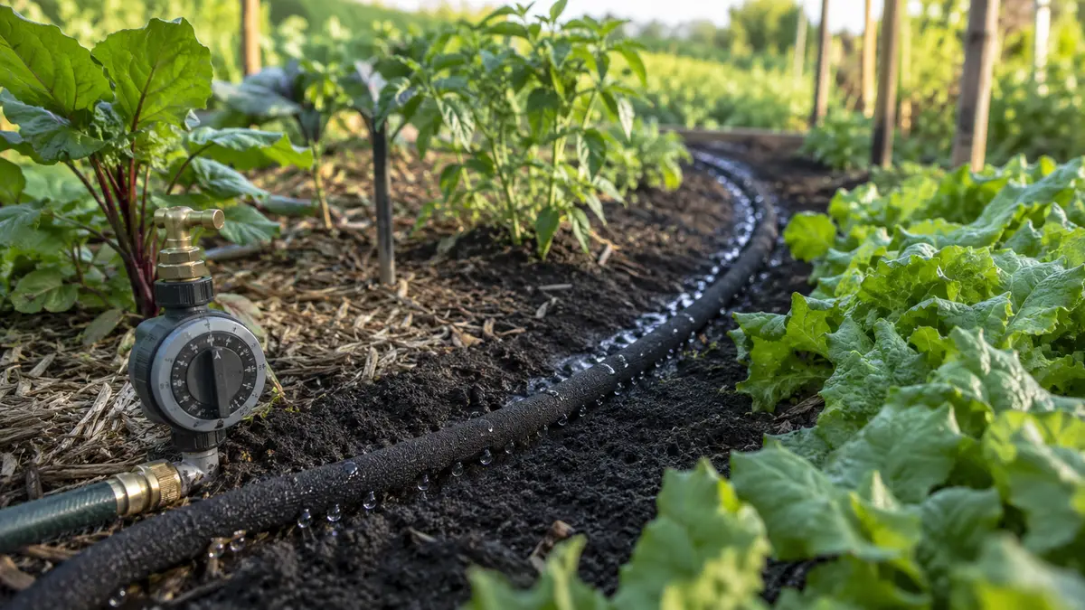 Tuyau poreux arrosant le sol du potager avec un programmateur de durée