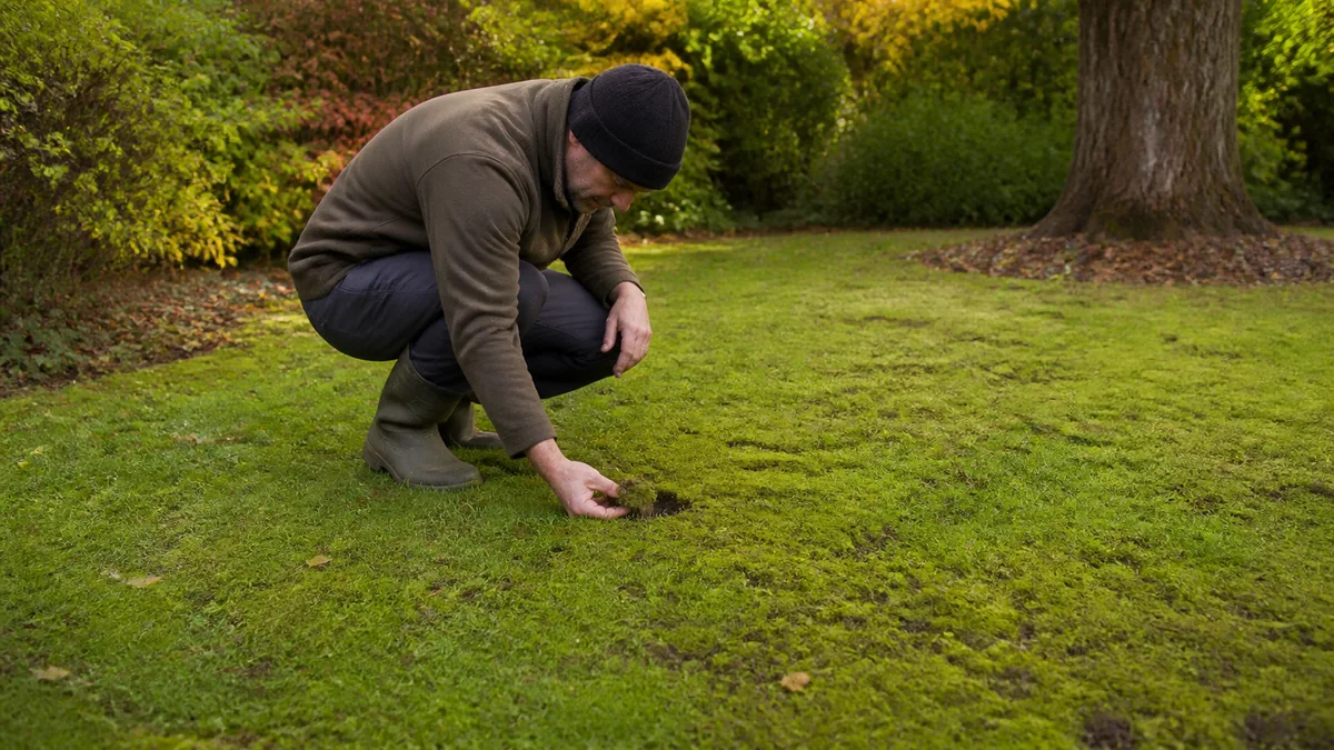 Zone de pelouse envahie de mousse examinée sous un grand arbre