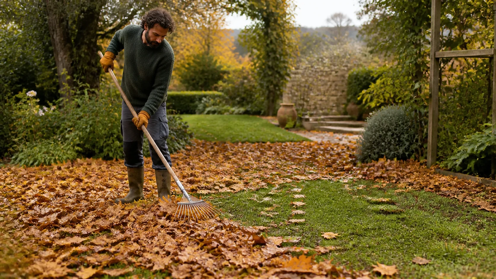 Ramassage des feuilles mortes sur une pelouse en automne