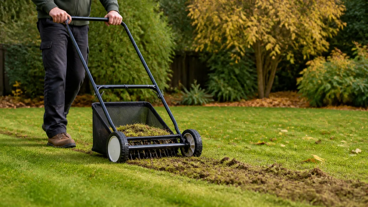 Scarificateur manuel utilisé sur une pelouse en début d’automne