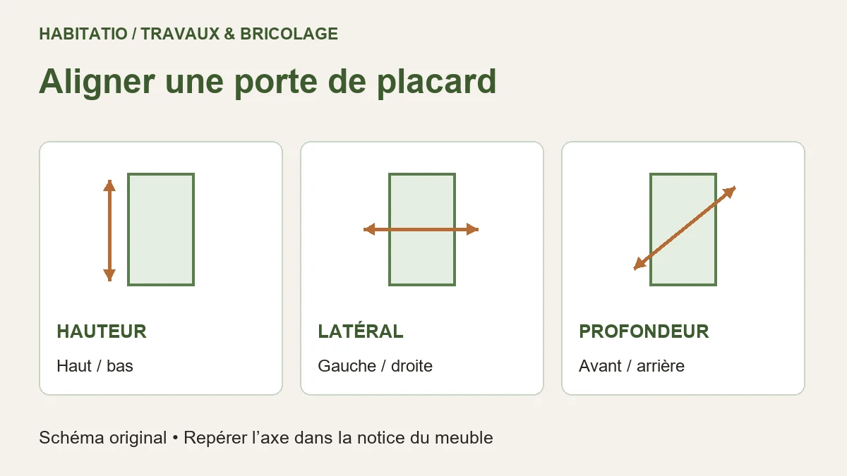 Schéma des trois axes d’une porte de placard : hauteur, latéral et profondeur.